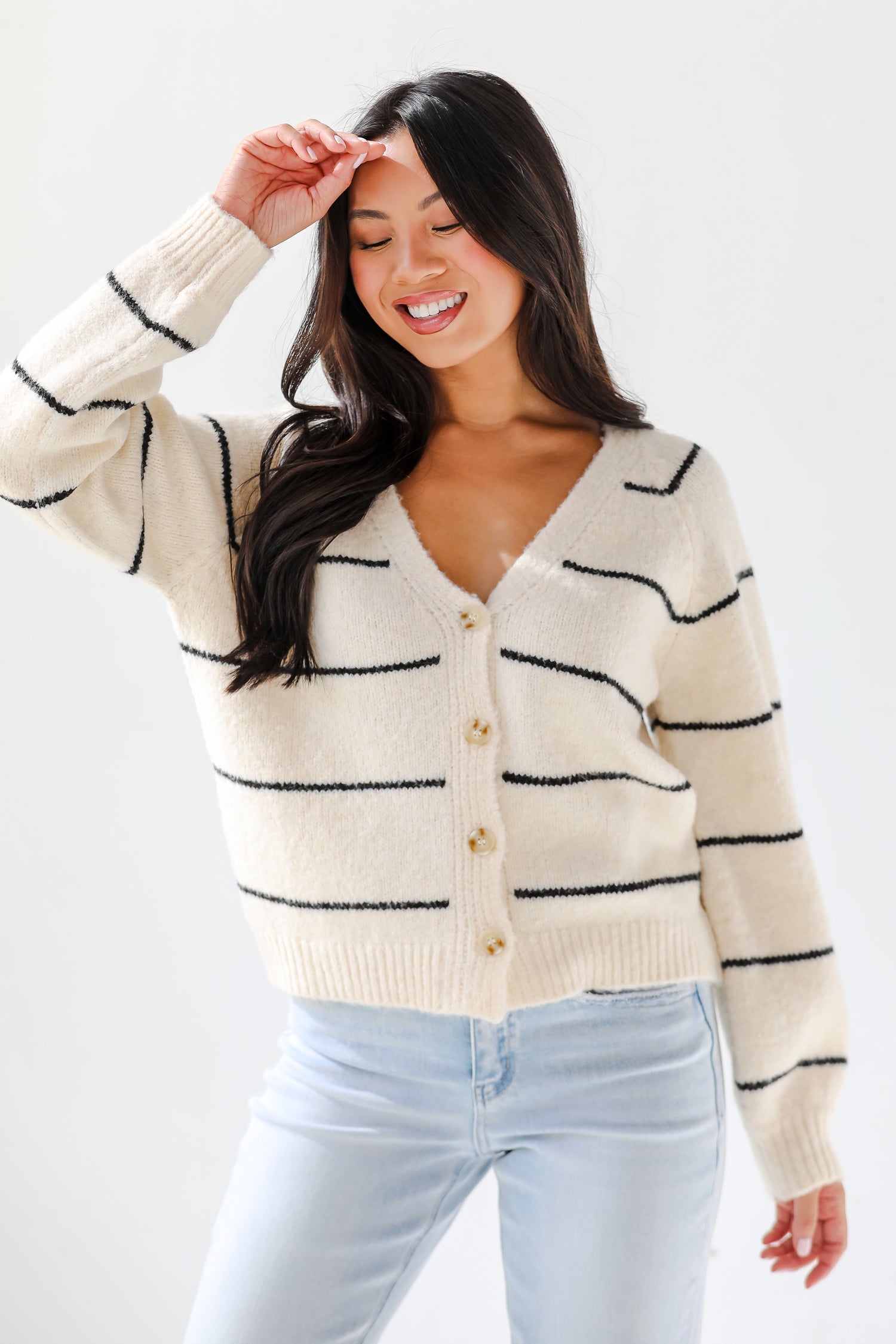 Effortlessly Lavish Cream Striped Sweater Cardigan