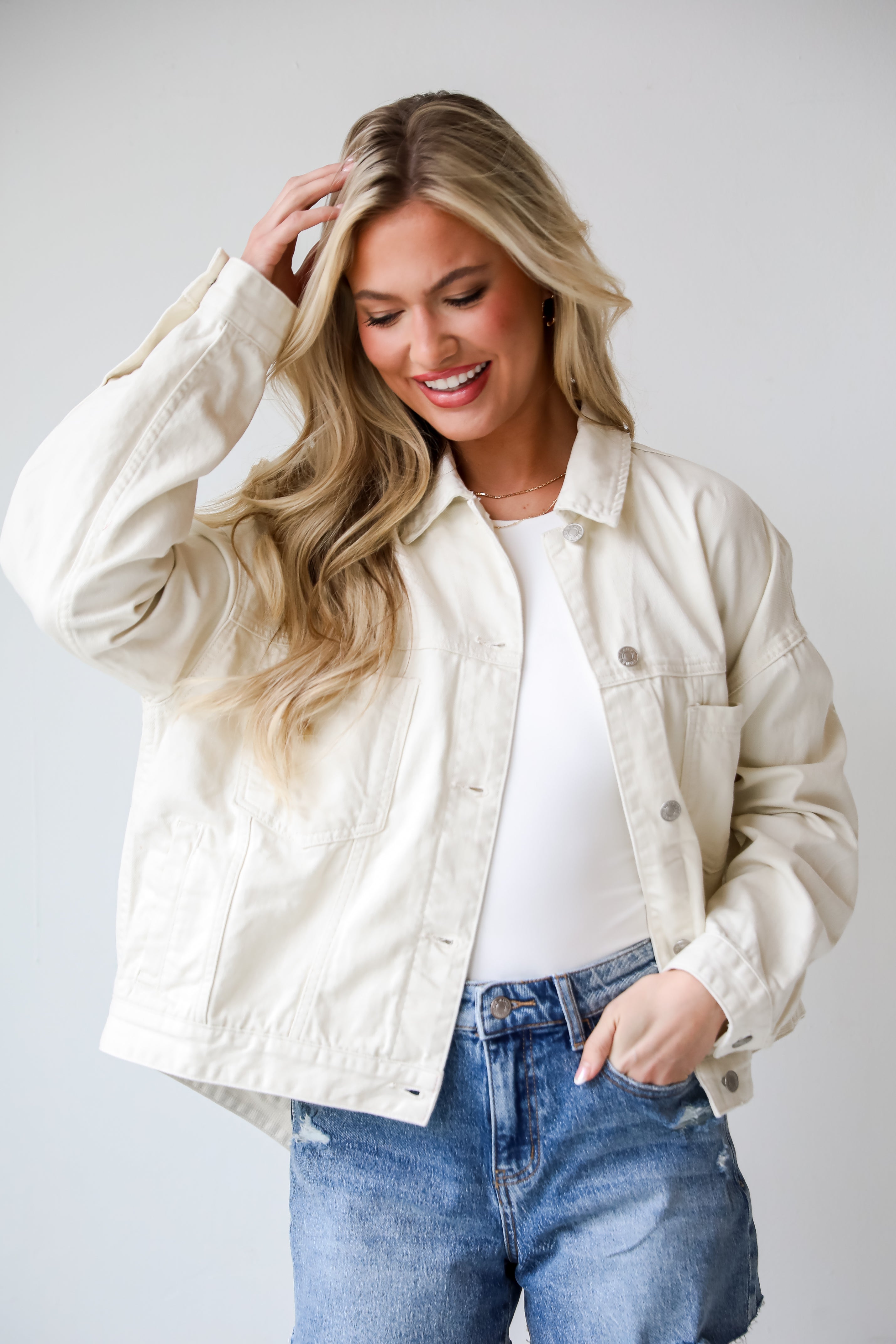 Effortless Presence Cream Denim Jacket. White denim jacket. oversized womens jacket. tops for spring