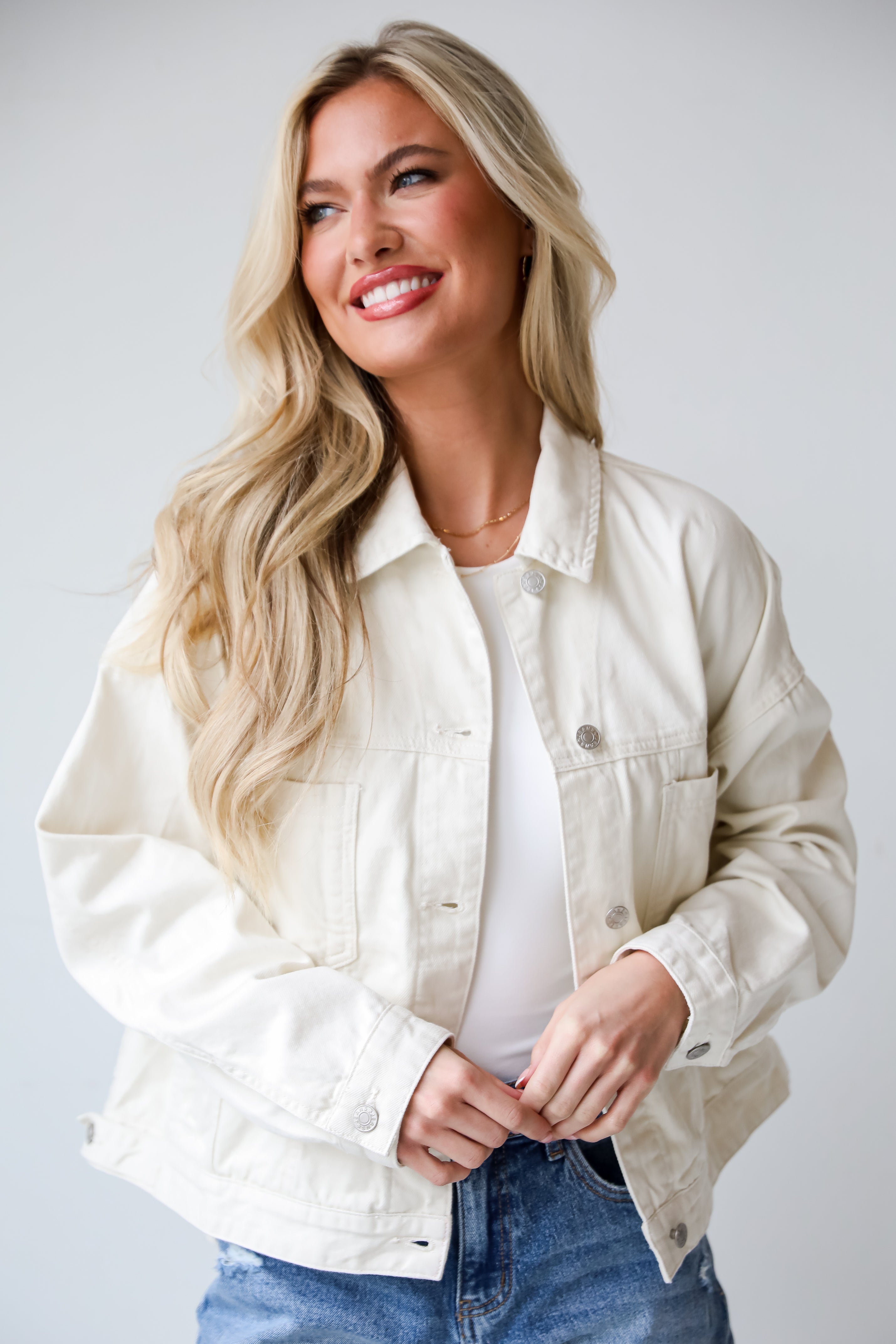 Effortless Presence Cream Denim Jacket. White denim jacket. oversized womens jacket. tops for spring