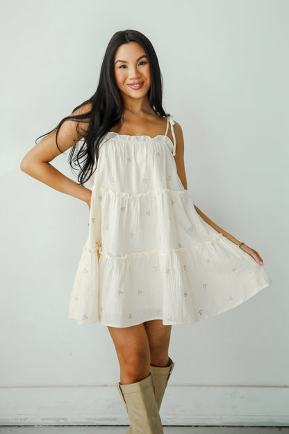 Adored Outing Cream Floral Linen Tiered Mini Dress