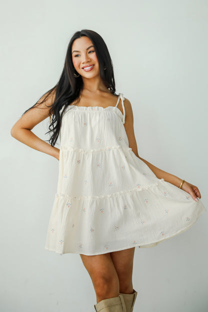 Adored Outing Cream Floral Linen Tiered Mini Dress