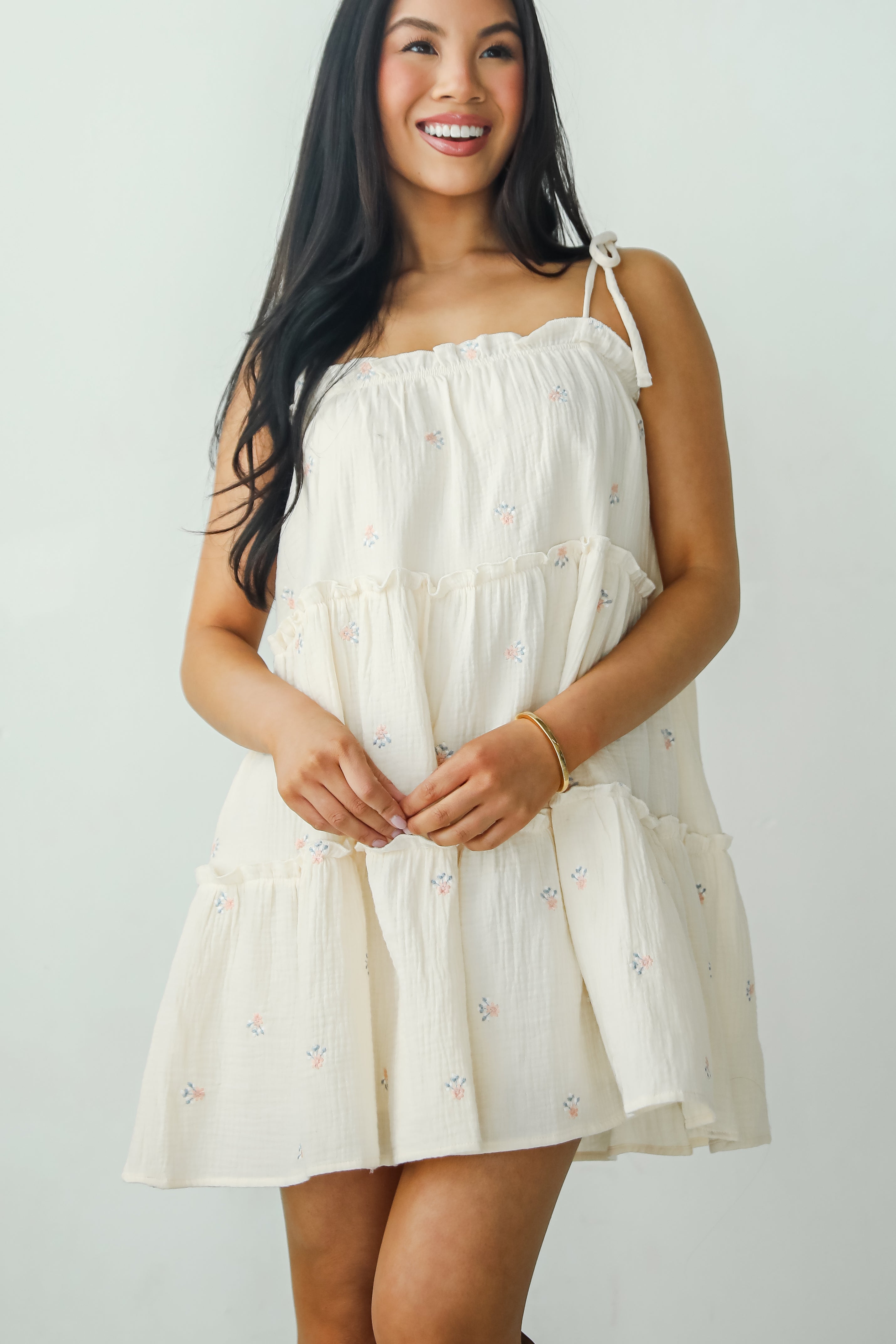 Adored Outing Cream Floral Linen Tiered Mini Dress