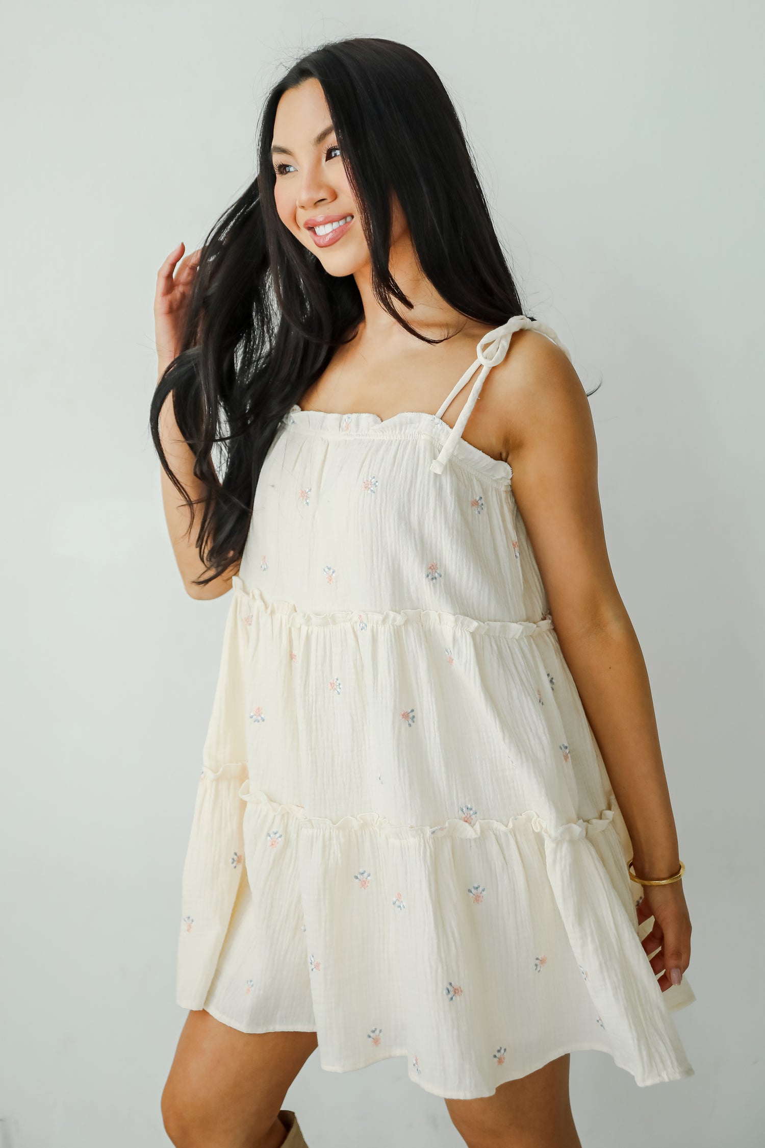 Adored Outing Cream Floral Linen Tiered Mini Dress