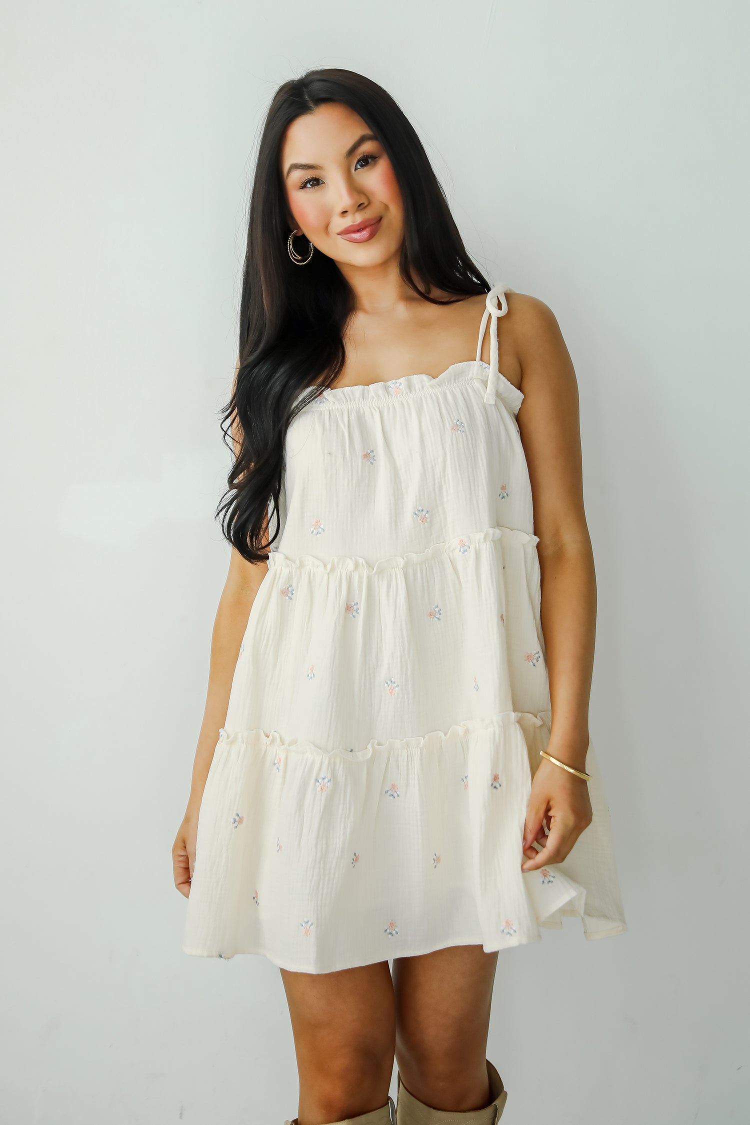 Adored Outing Cream Floral Linen Tiered Mini Dress