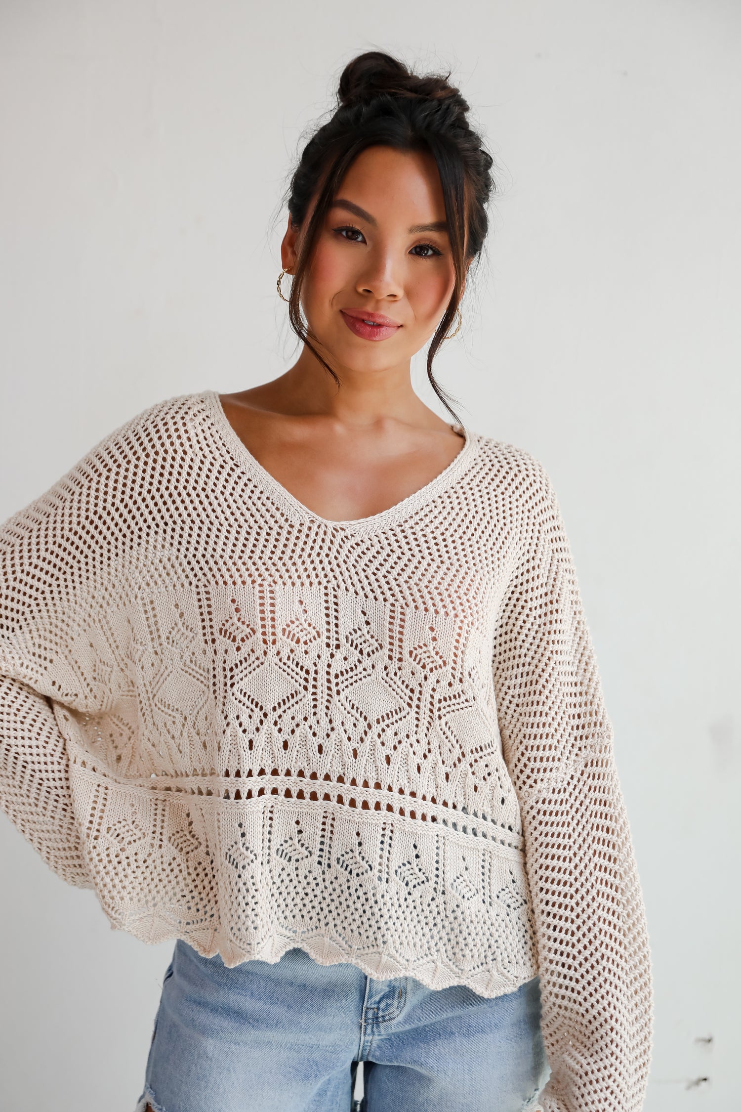 Laidback Moments Natural Crochet Knit Top