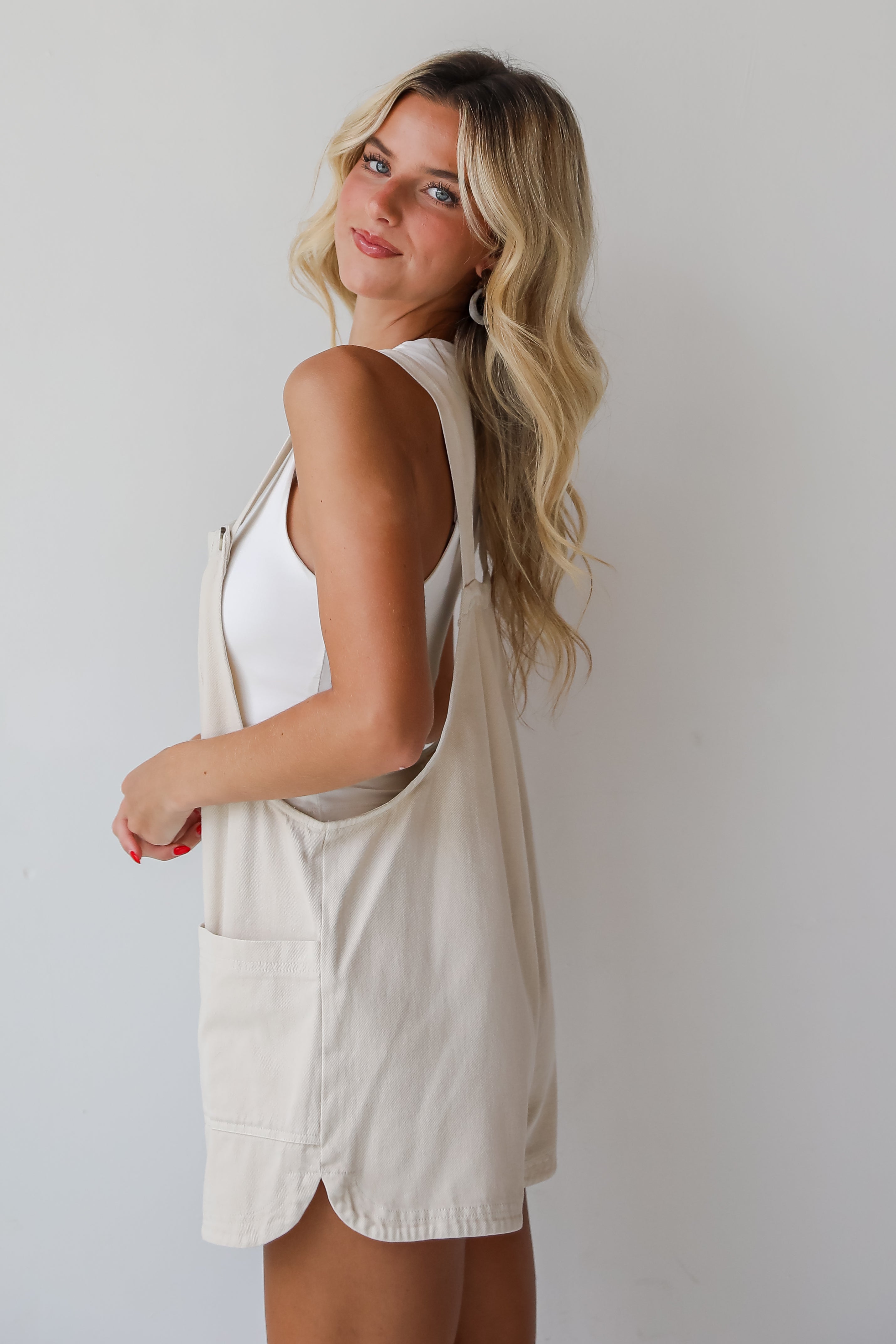 My Favorite Look Cream Denim Overall Romper