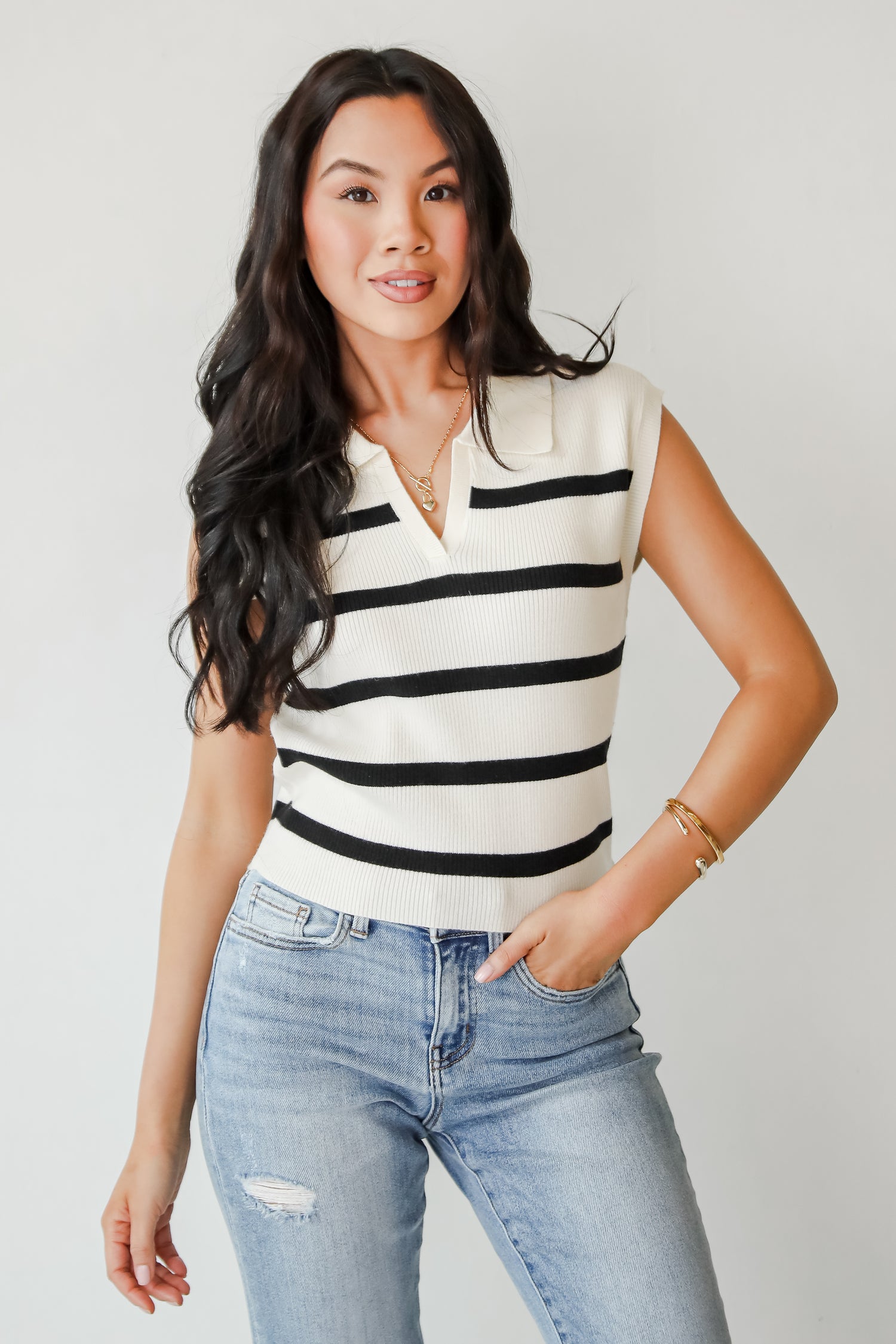 Seasonally Lovely Cream Striped Collared Knit Tank