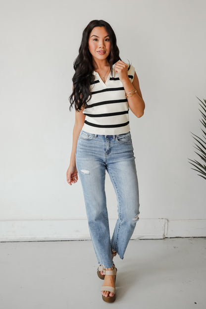 Seasonally Lovely Cream Striped Collared Knit Tank