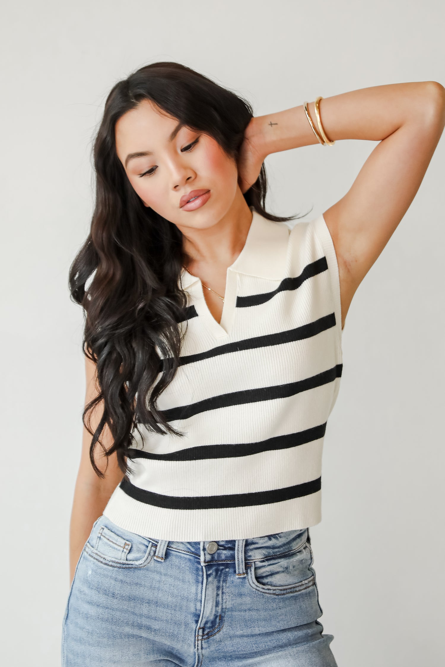 Seasonally Lovely Cream Striped Collared Knit Tank