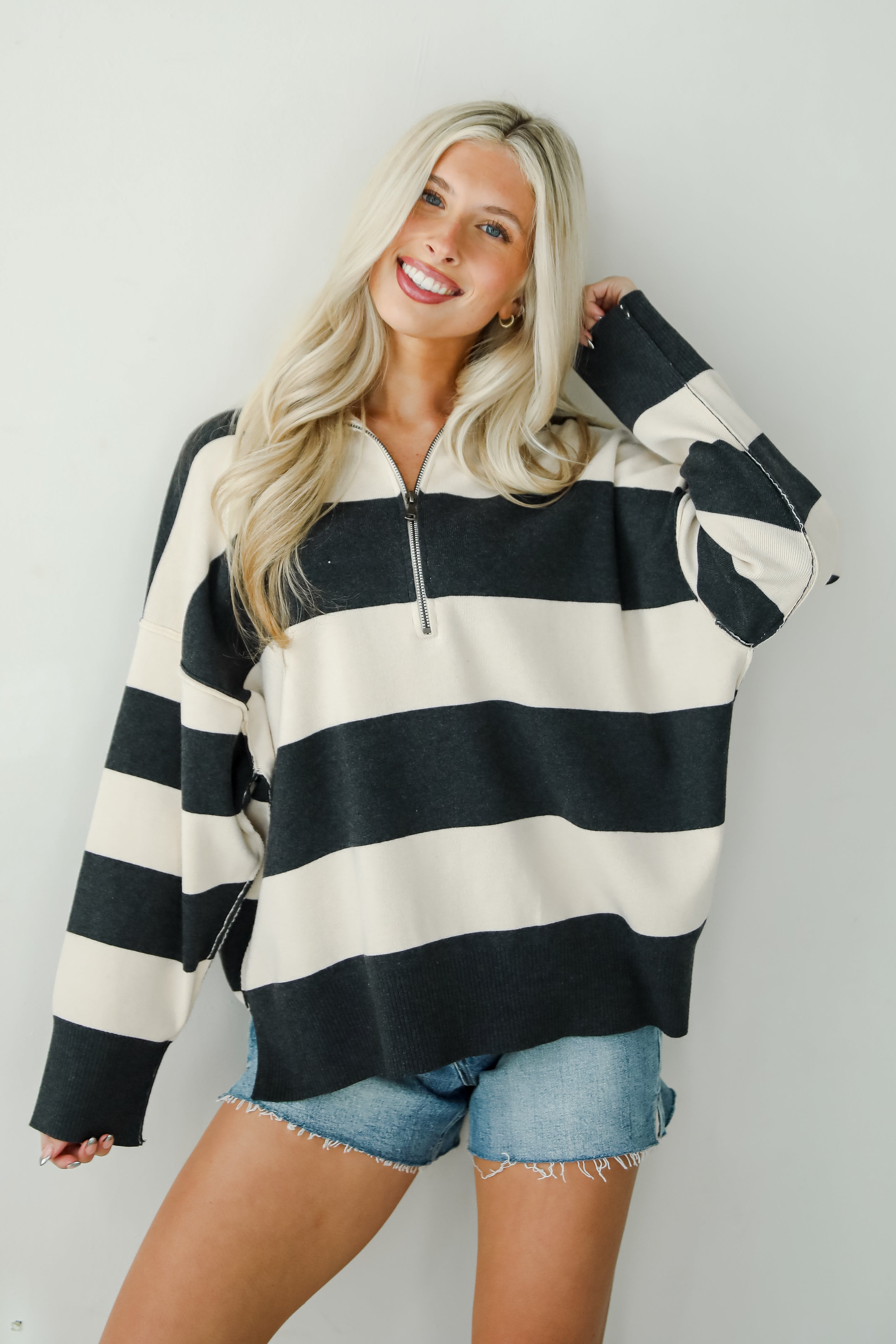 Open Book Cream Striped Collared Sweater