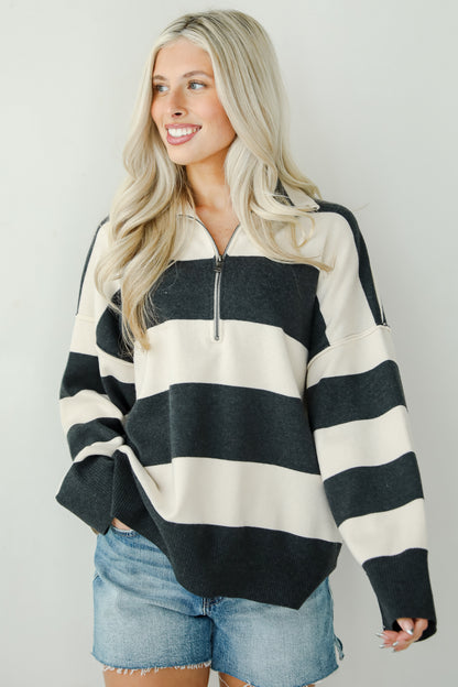 Open Book Cream Striped Collared Sweater