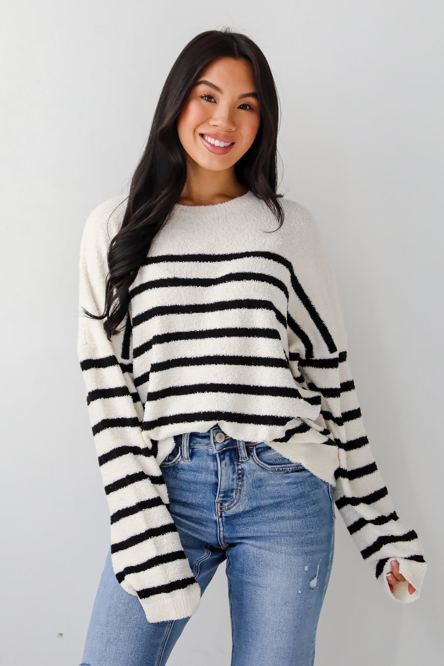 Delightful Weather Cream Striped Fuzzy Knit Sweater