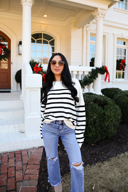 Delightful Weather Cream Striped Fuzzy Knit Sweater