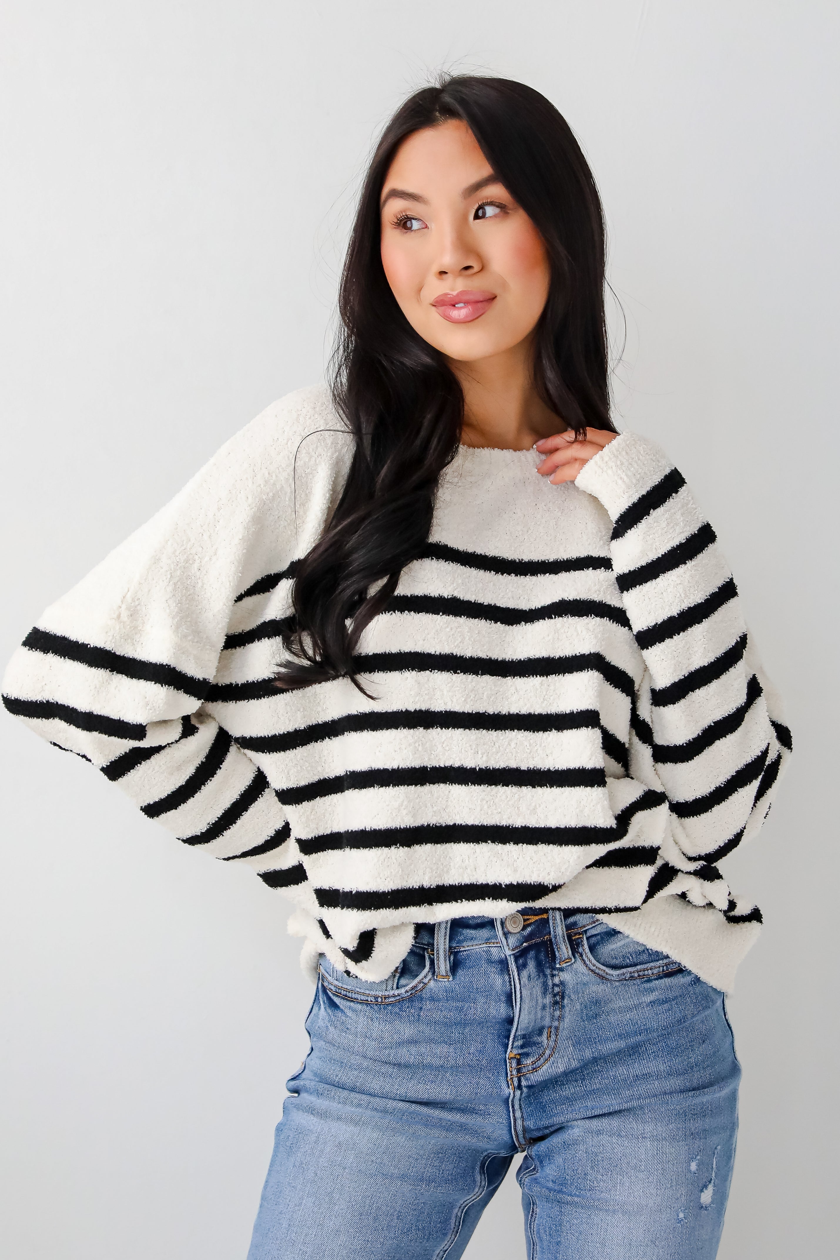 Delightful Weather Cream Striped Fuzzy Knit Sweater