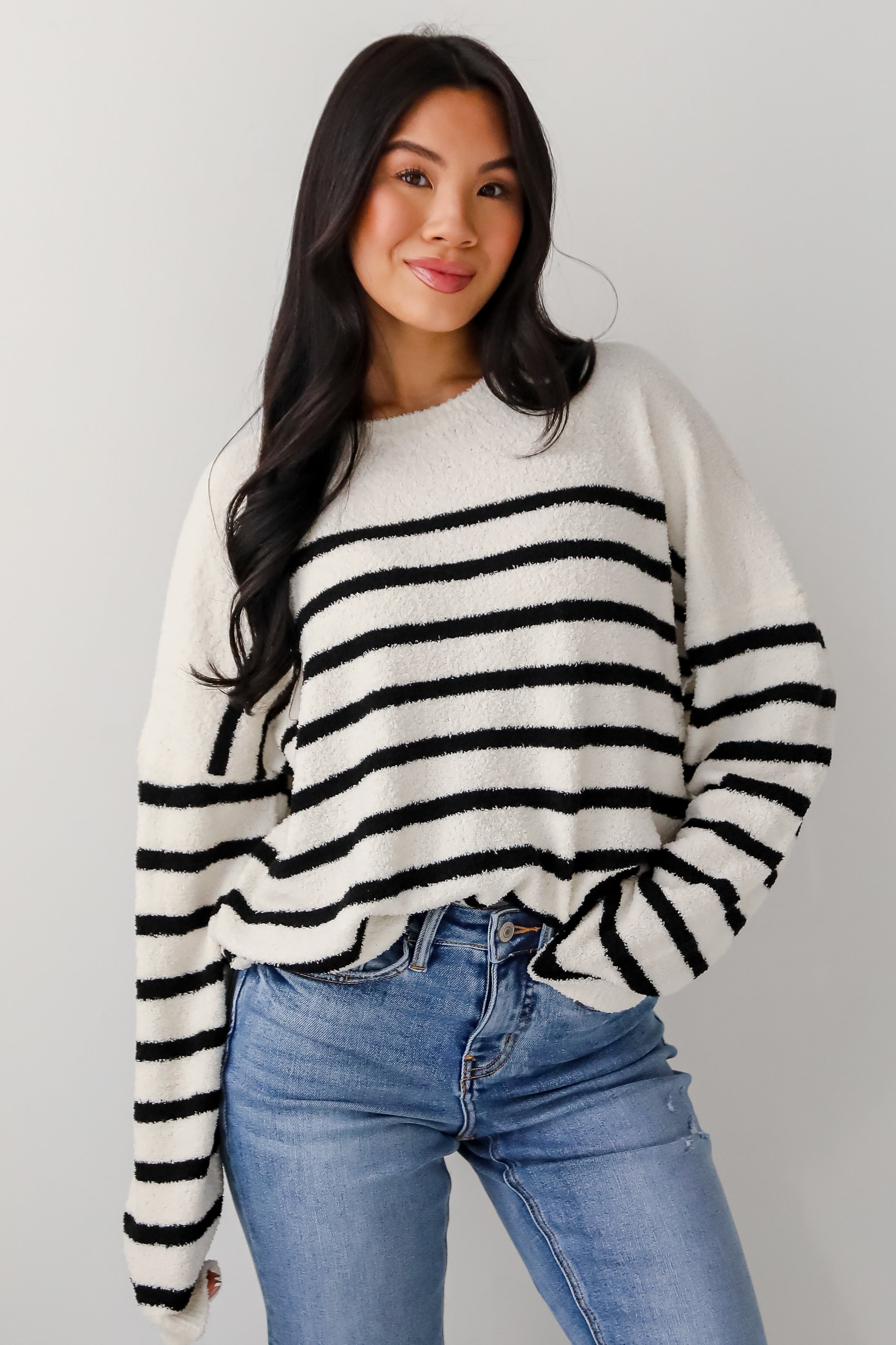 Delightful Weather Cream Striped Fuzzy Knit Sweater