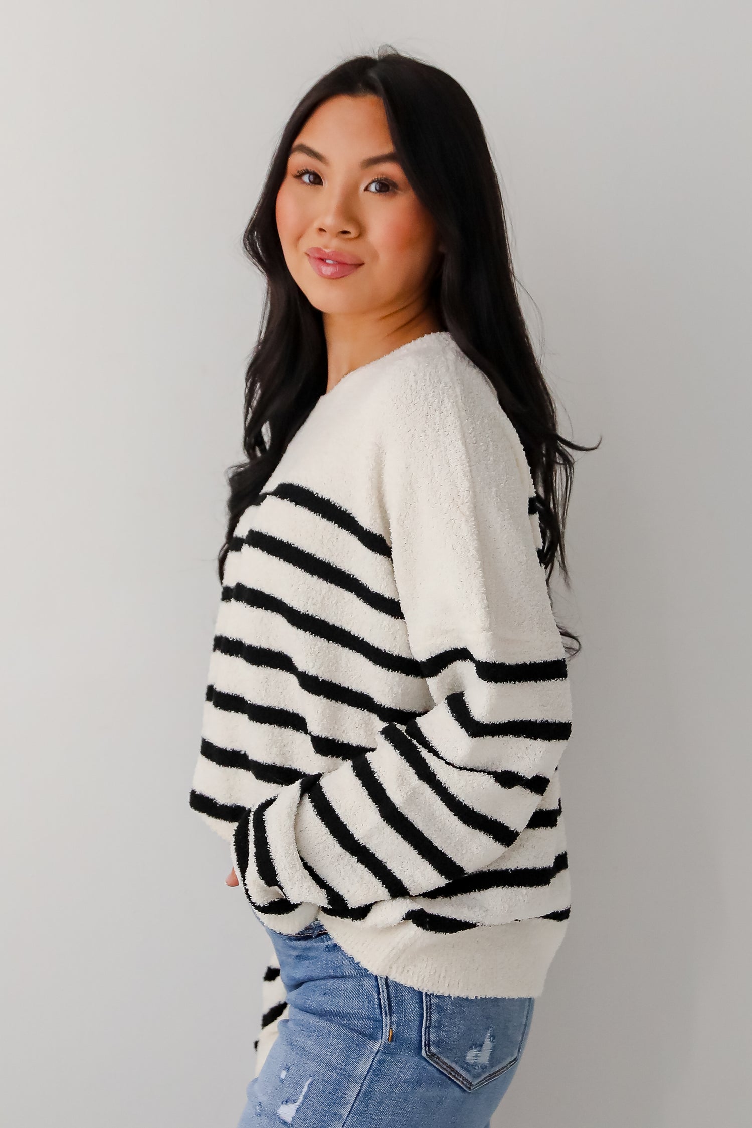 Delightful Weather Cream Striped Fuzzy Knit Sweater