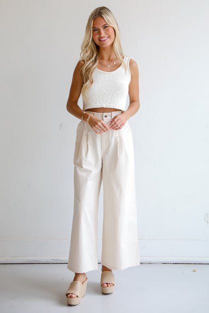 high rise Cream Wide Leg Trouser Pants