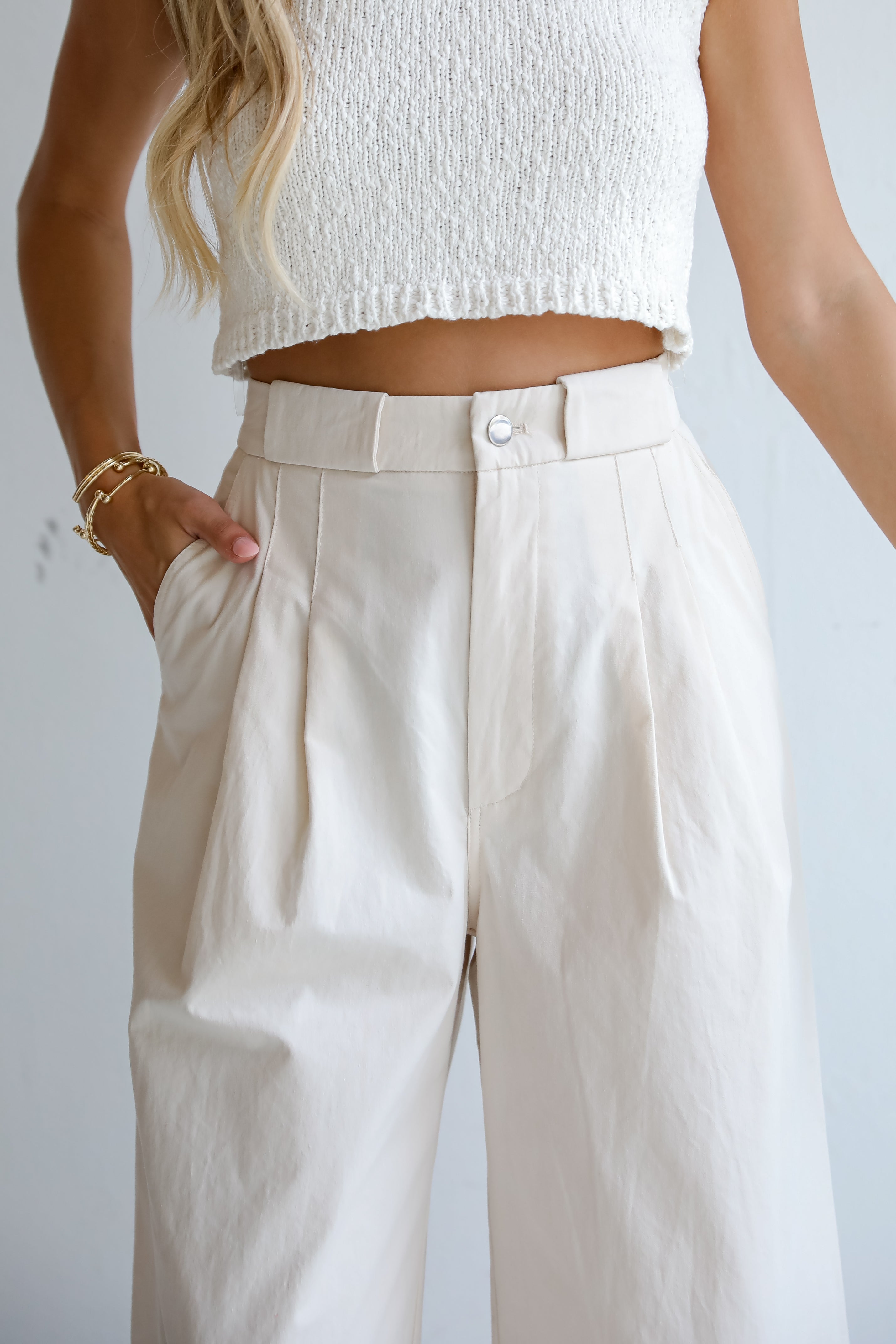 Cream Wide Leg Trouser Pants