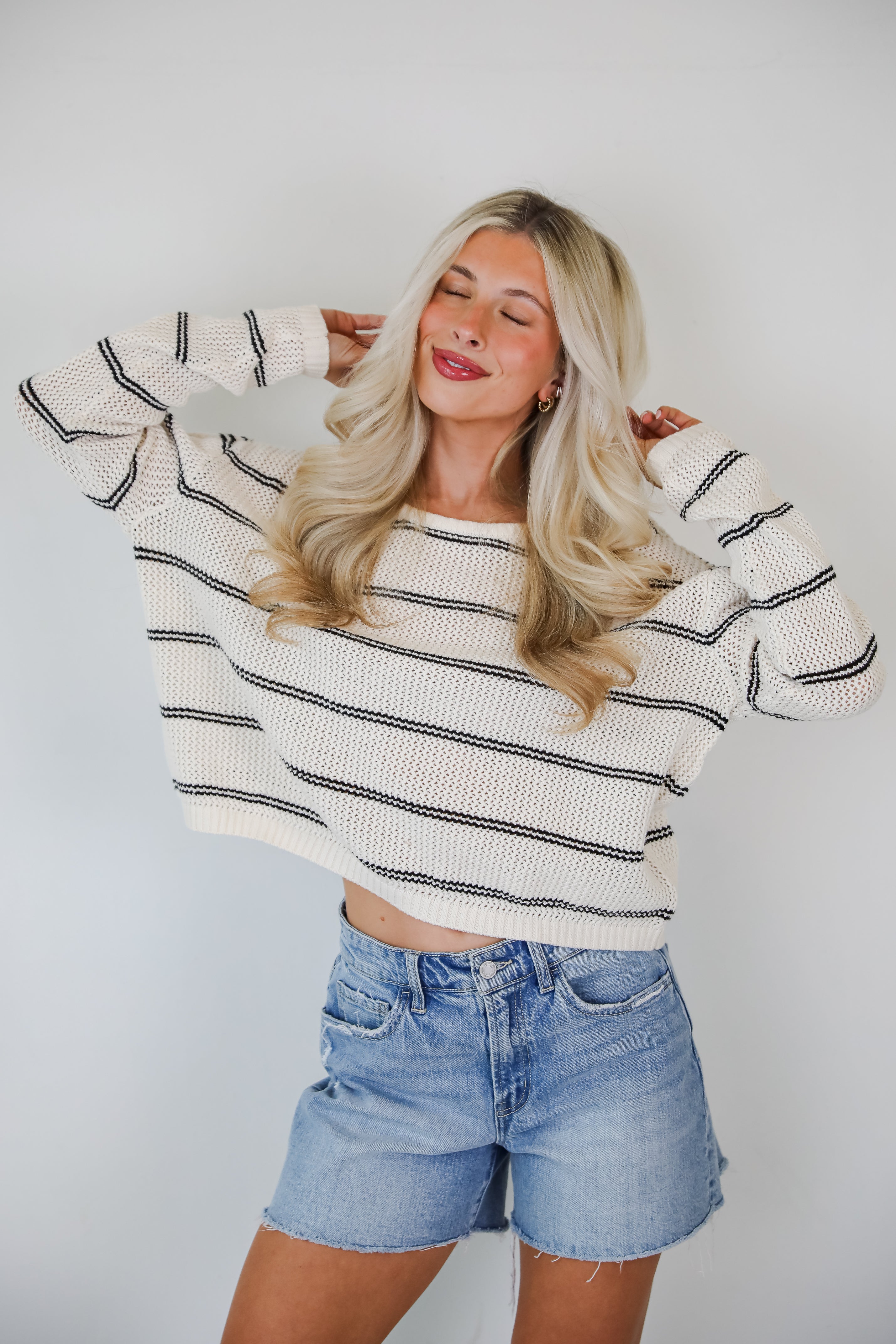 Comfy Discovery Cream Striped Lightweight Knit Top