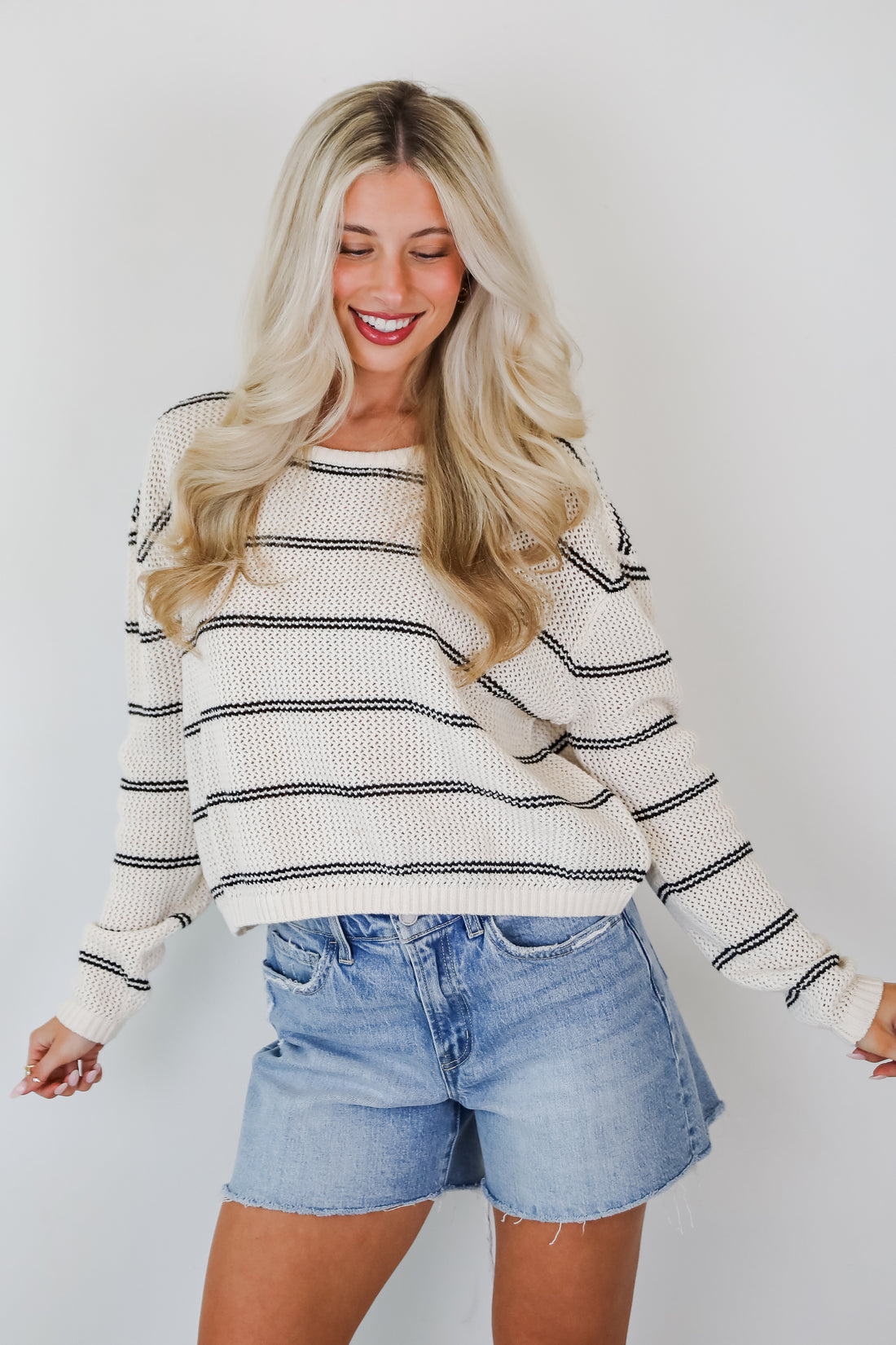 Comfy Discovery Cream Striped Lightweight Knit Top