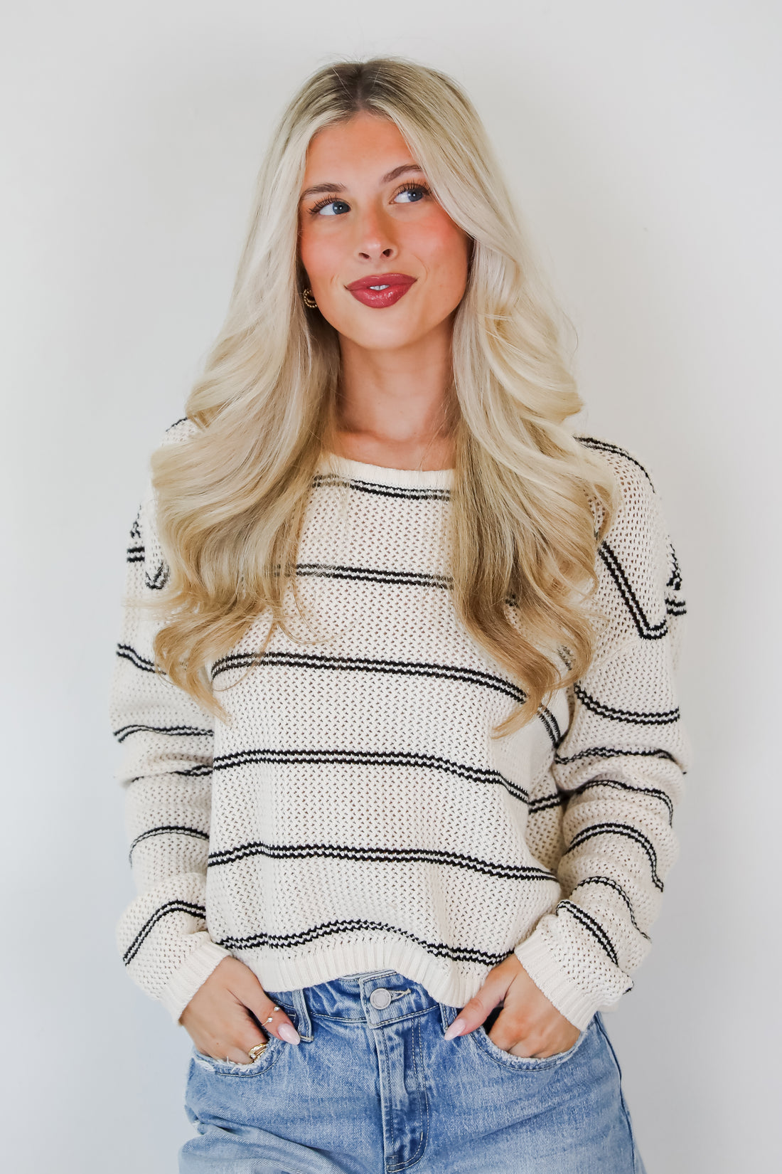 Comfy Discovery Cream Striped Lightweight Knit Top