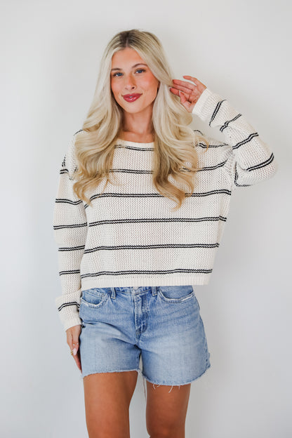 Comfy Discovery Cream Striped Lightweight Knit Top