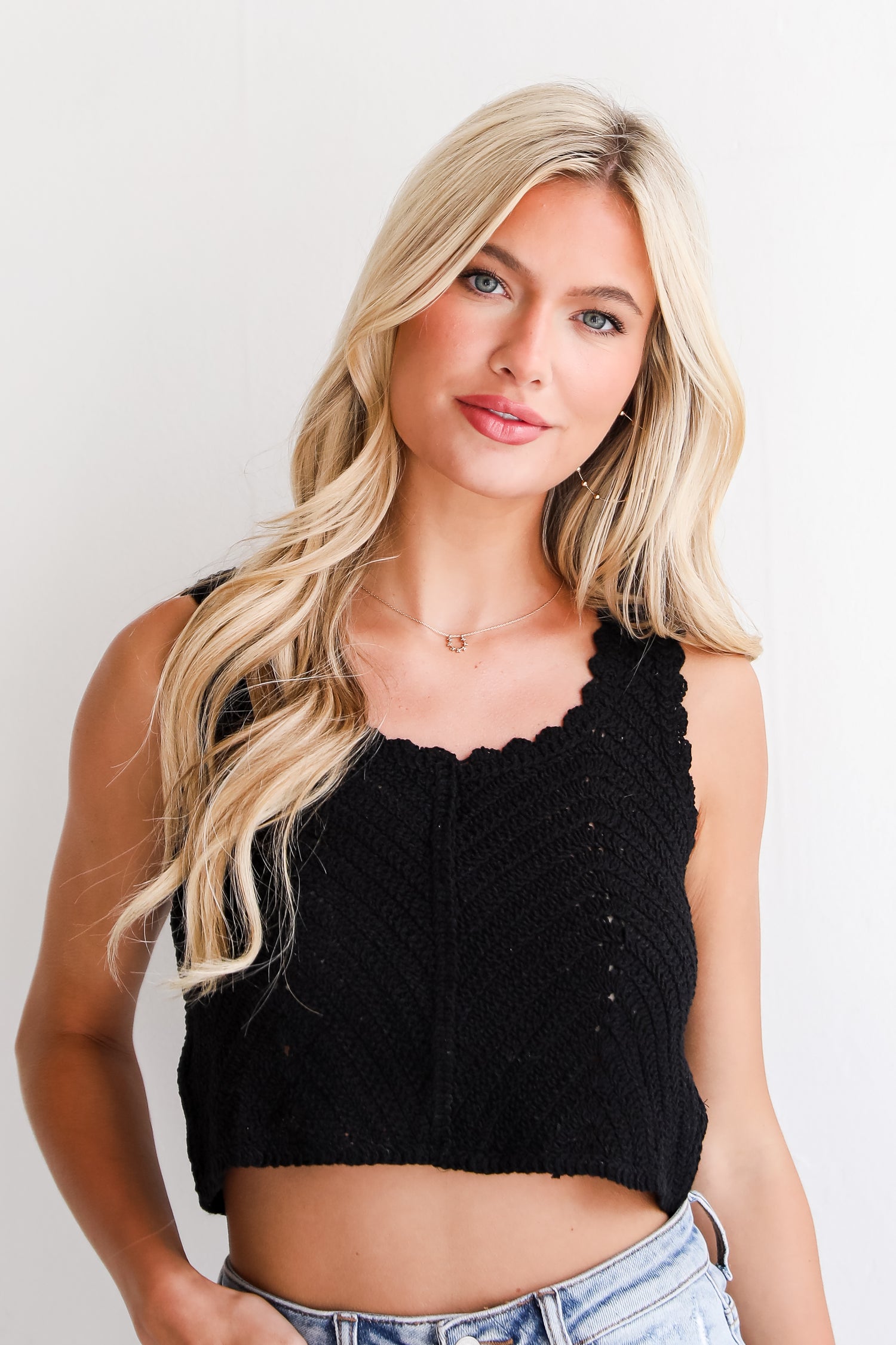 trendy black Crochet Knit Tank