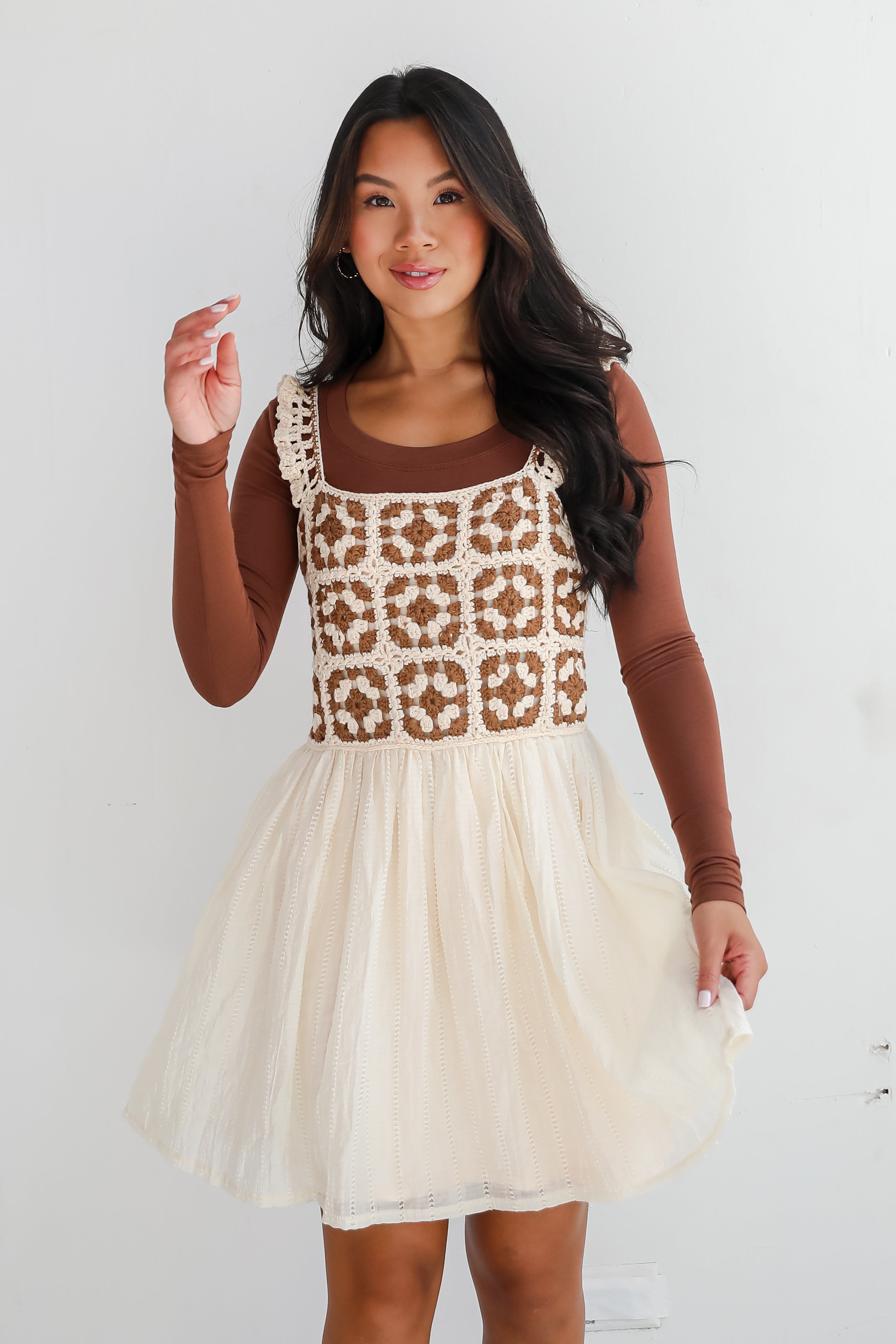 Composed Delight Cream Crochet Knit Mini Dress