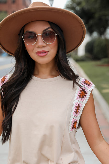 Adored Cutie Mocha Crochet Sleeve Top