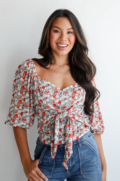 Lovely Attitude Sage Floral Cropped Blouse