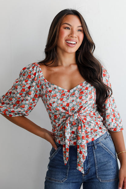 Lovely Attitude Sage Floral Cropped Blouse