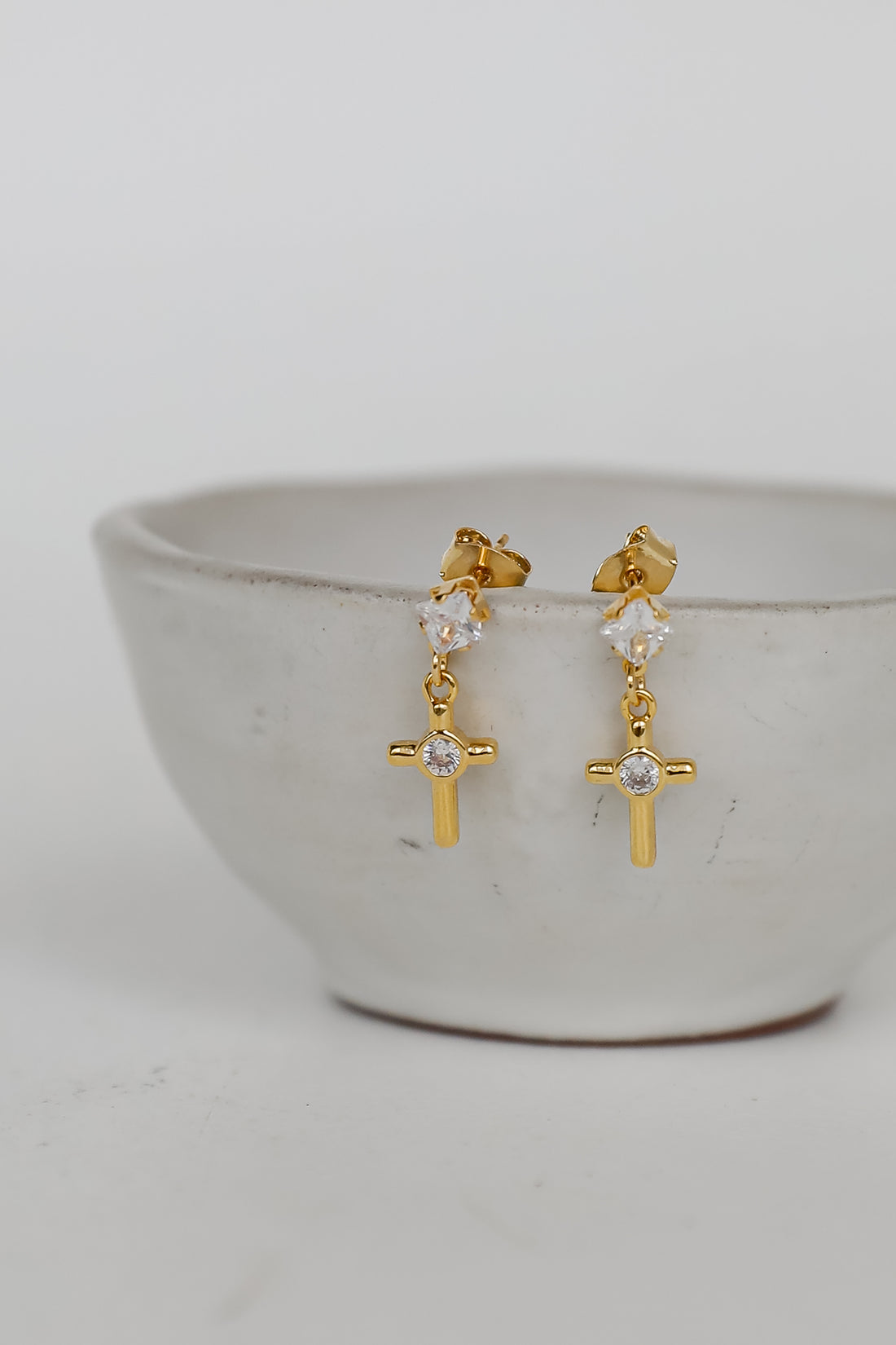 Alanna Gold Rhinestone Cross Drop Stud Earrings