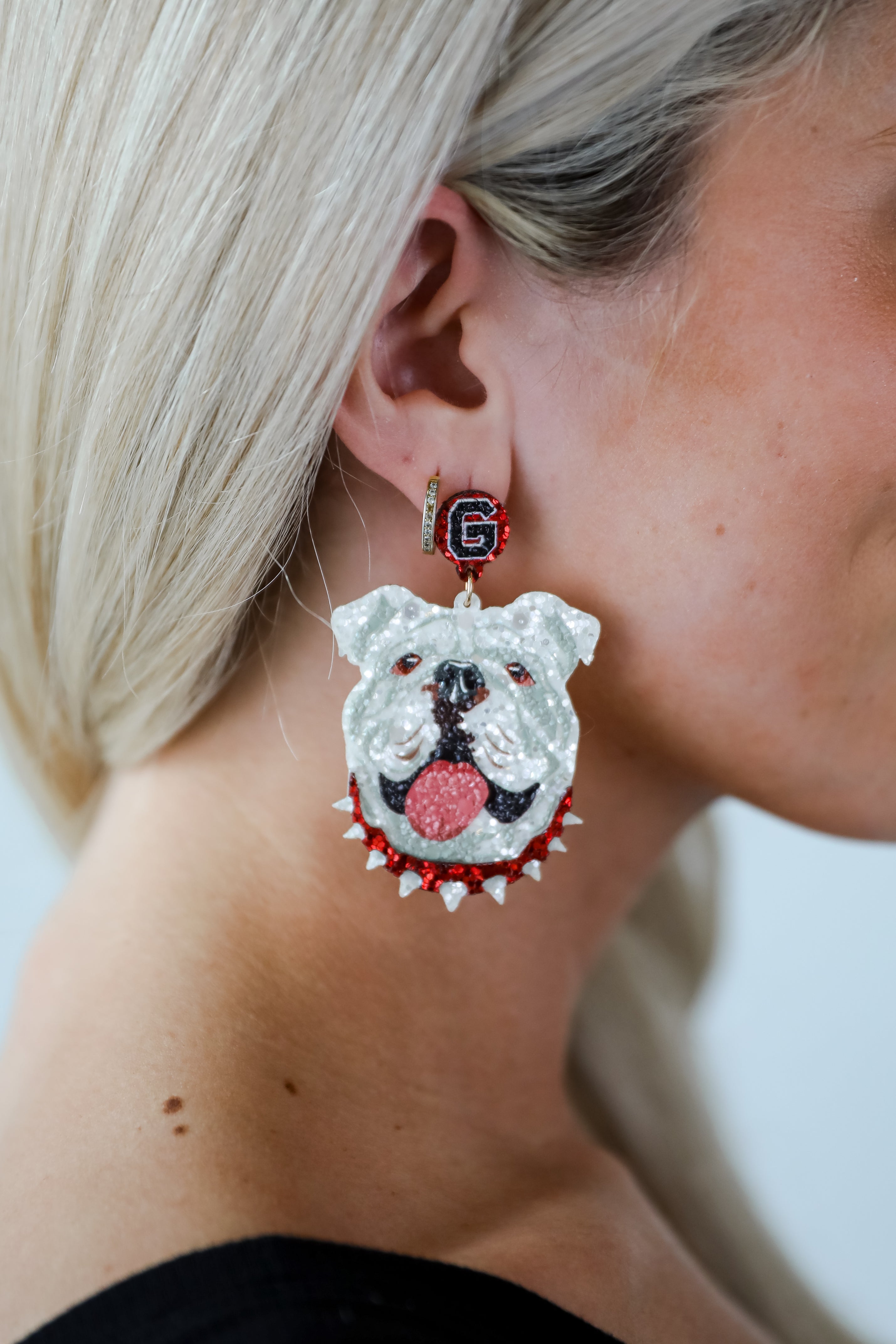 White Bulldog Head Glitter Earrings