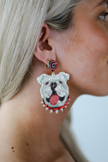 White Bulldog Head Glitter Earrings