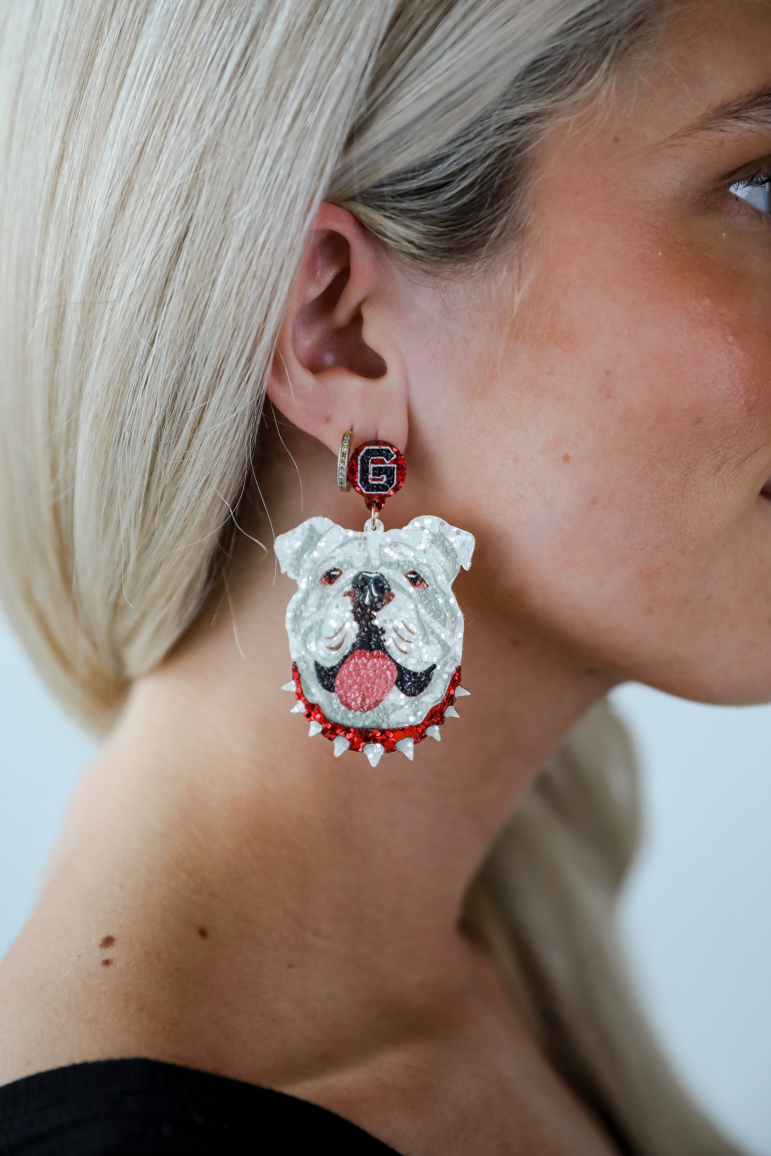 White Bulldog Head Glitter Earrings