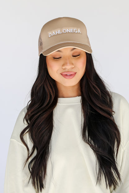 taupe Dahlonega Trucker Hat on model