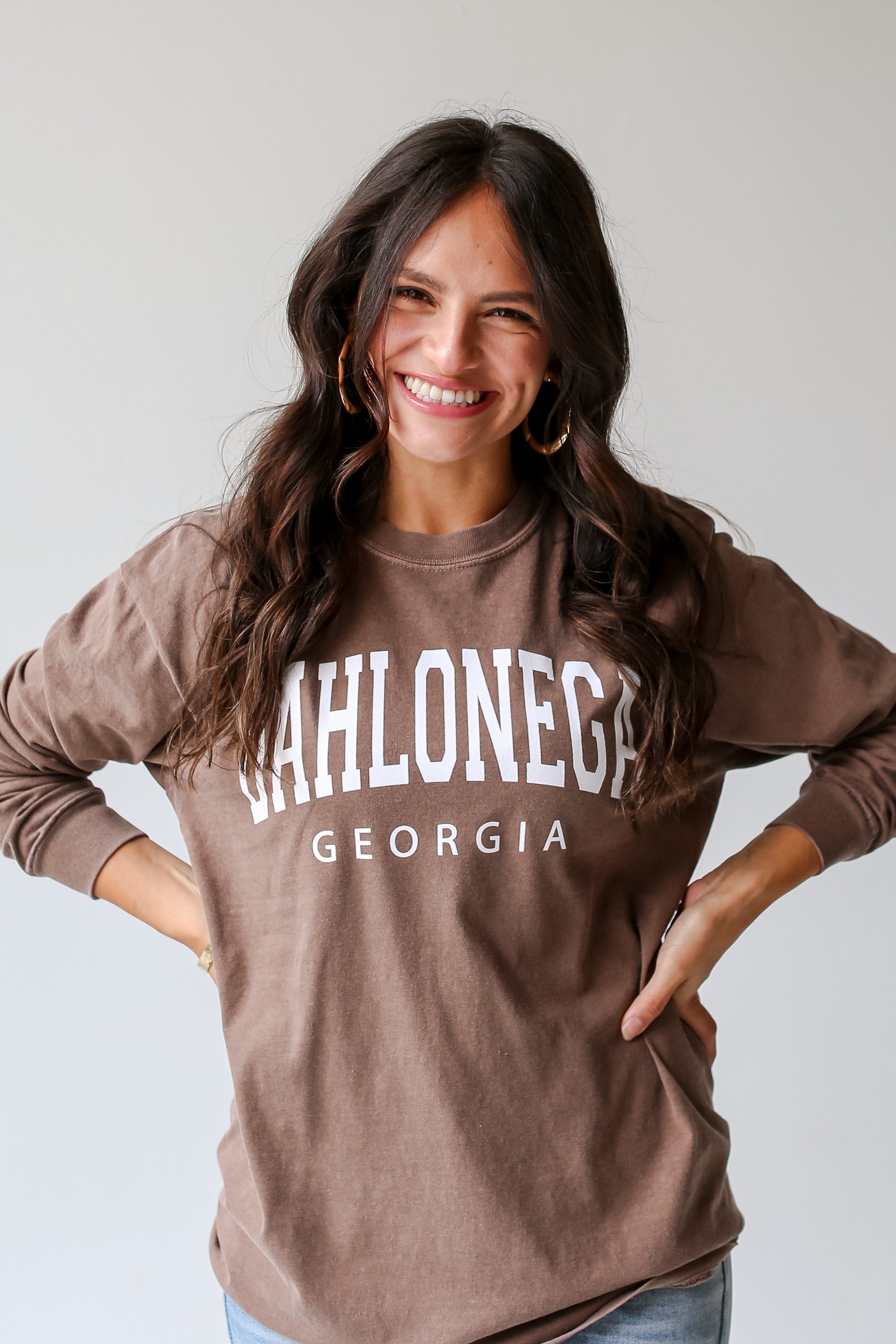 Brown Dahlonega Georgia Long Sleeve Tee on dress up model