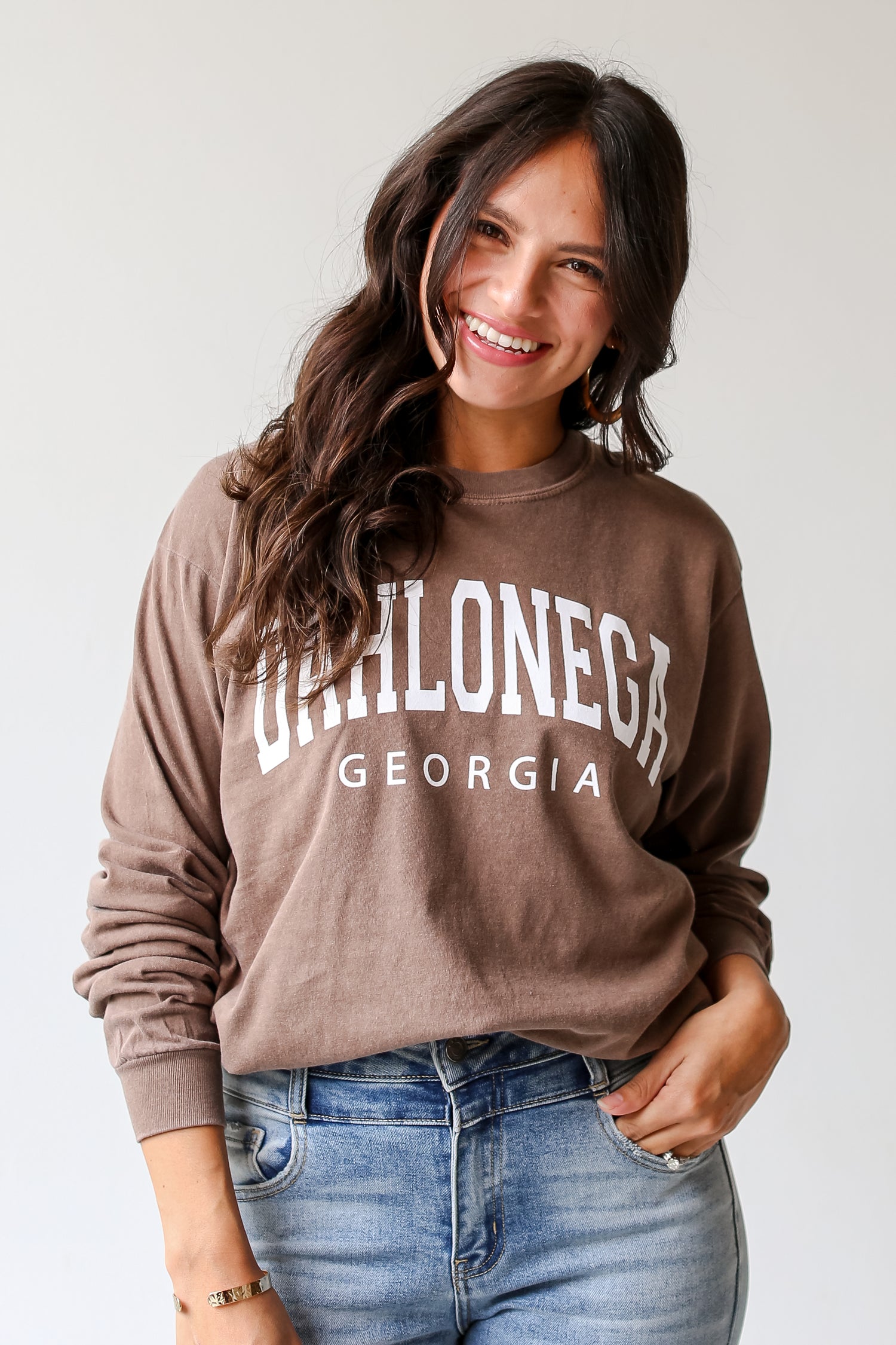 Brown Dahlonega Georgia Long Sleeve Tee close up