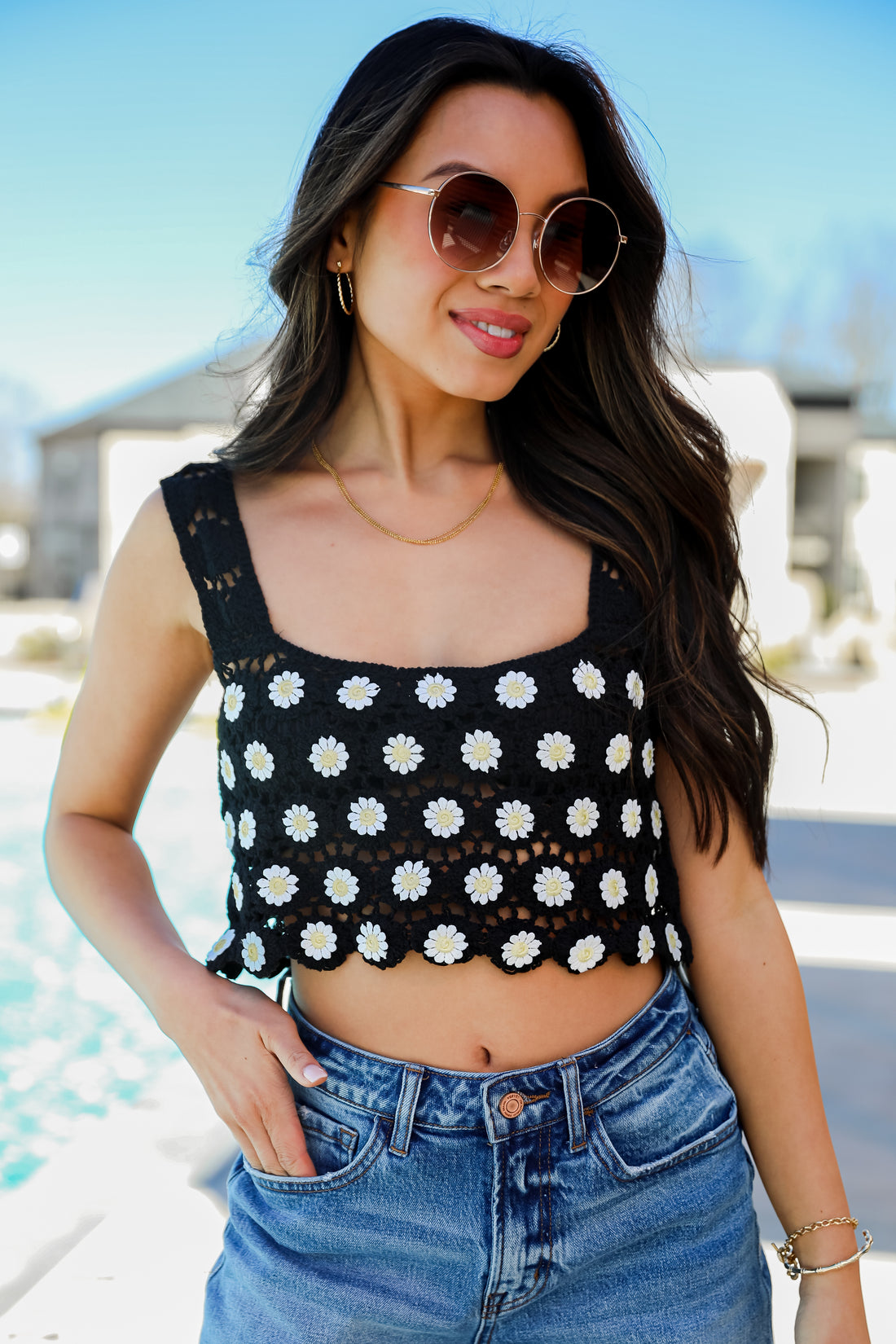 black Daisy Crochet Knit Tank