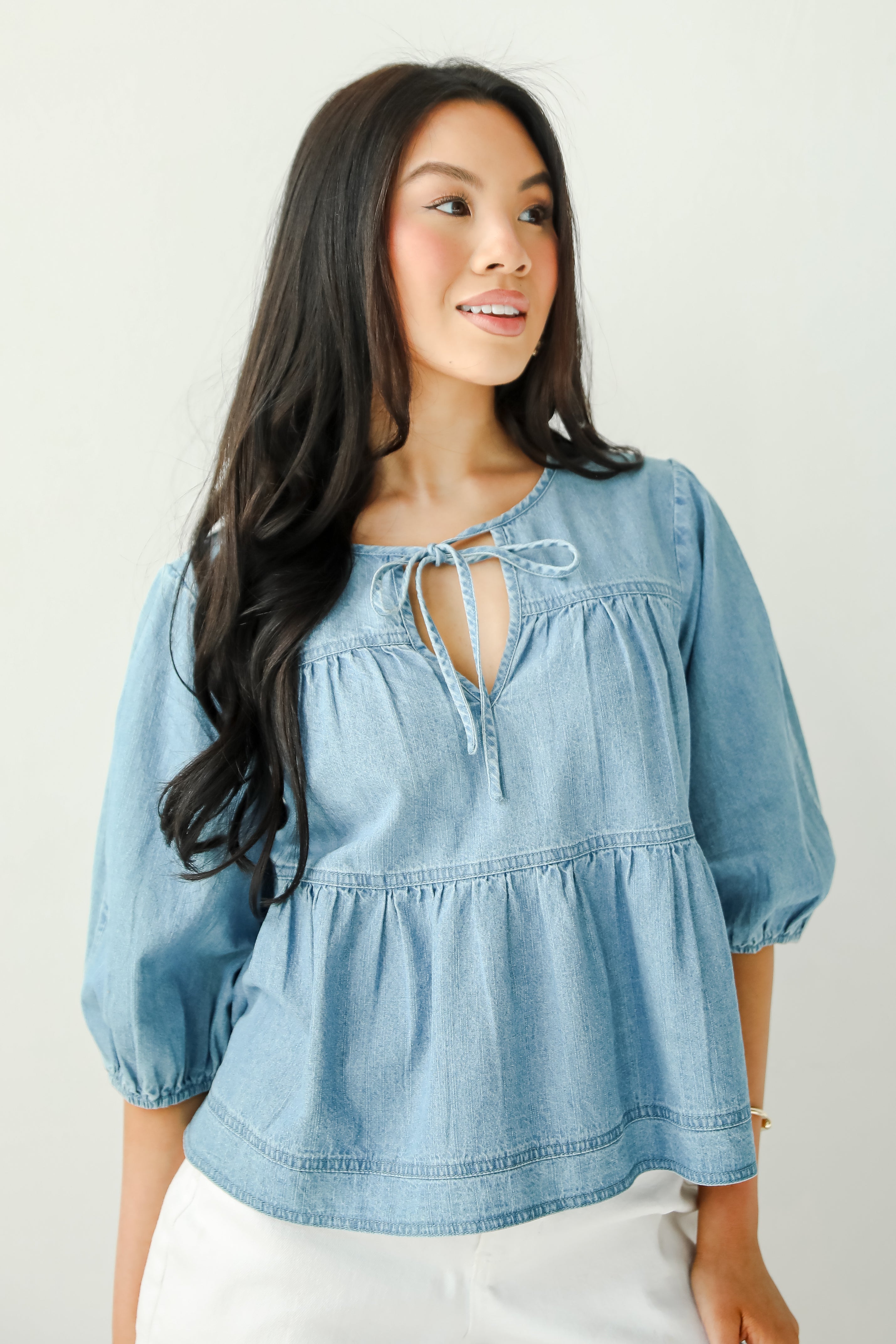 Exceptionally Dreamy Washed Denim Babydoll Blouse