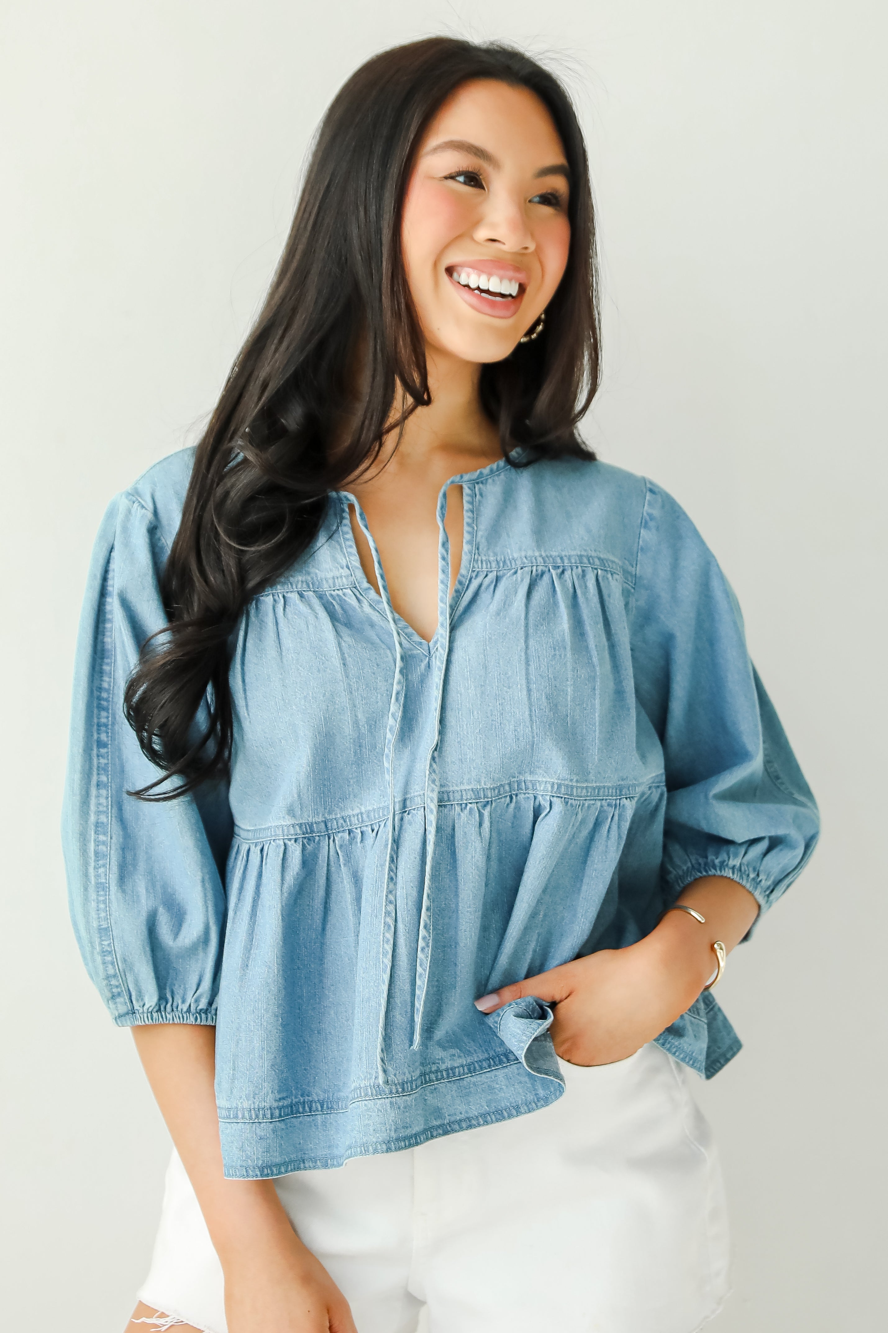 Exceptionally Dreamy Washed Denim Babydoll Blouse