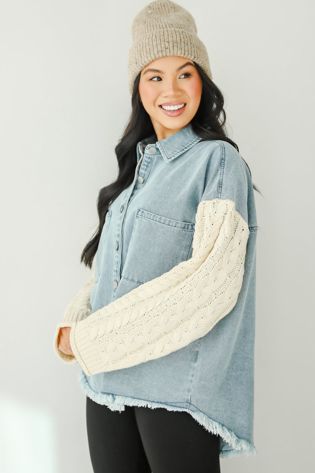 Bundled Perfection Denim Cable Knit Sleeve Shacket