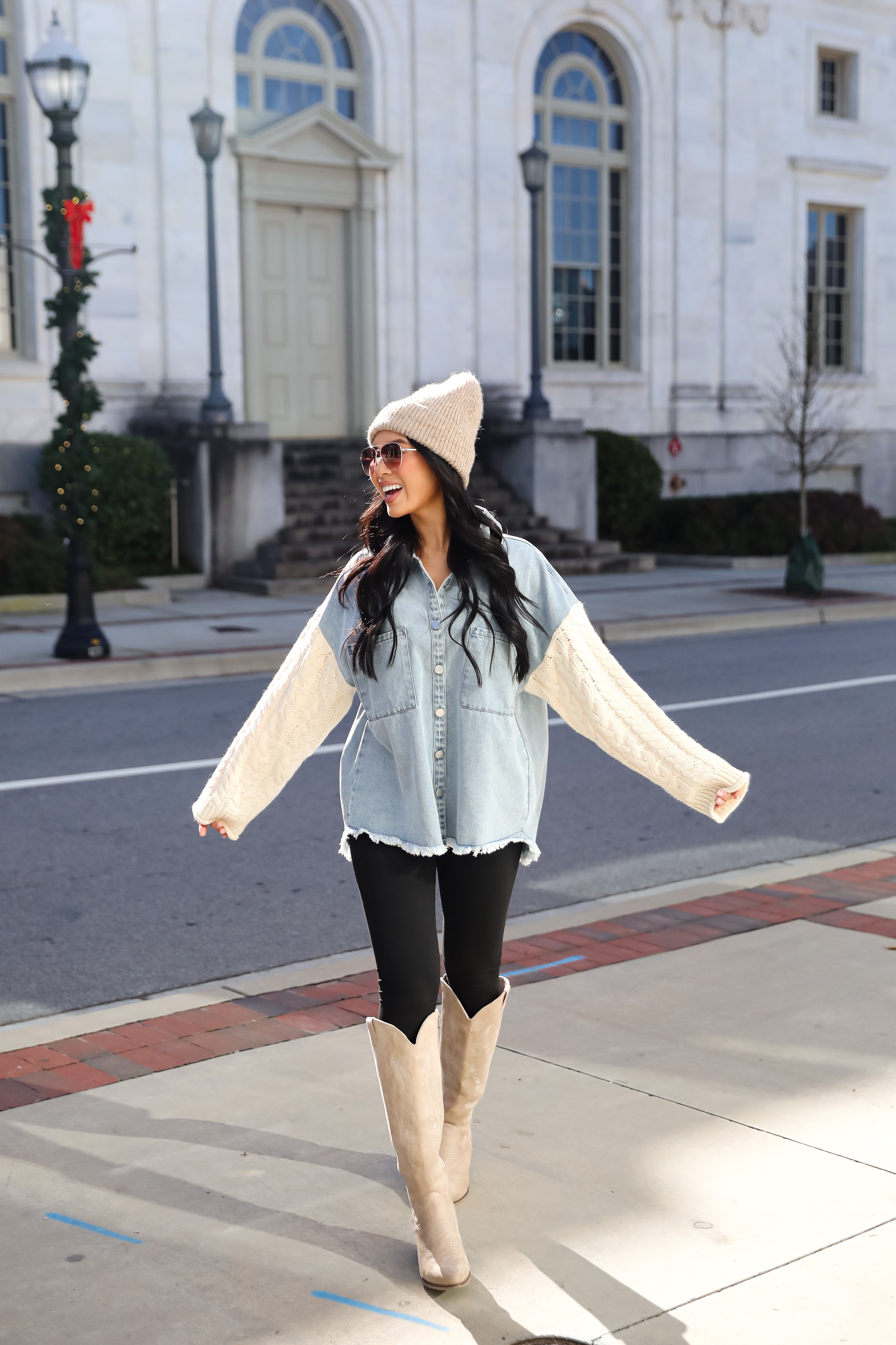 Bundled Perfection Denim Cable Knit Sleeve Shacket