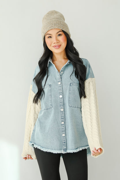 Bundled Perfection Denim Cable Knit Sleeve Shacket