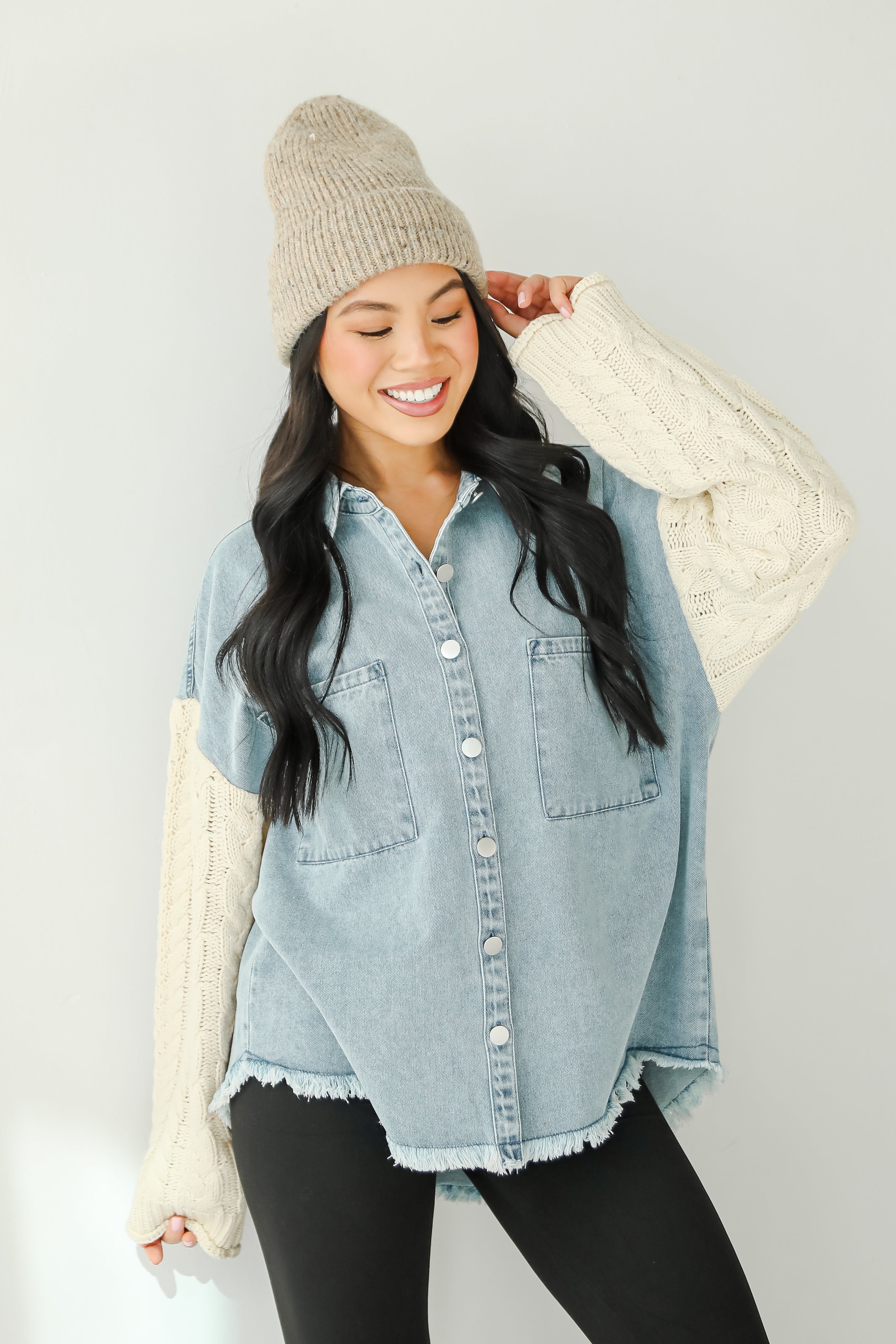 Bundled Perfection Denim Cable Knit Sleeve Shacket