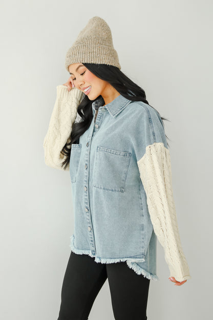 Bundled Perfection Denim Cable Knit Sleeve Shacket