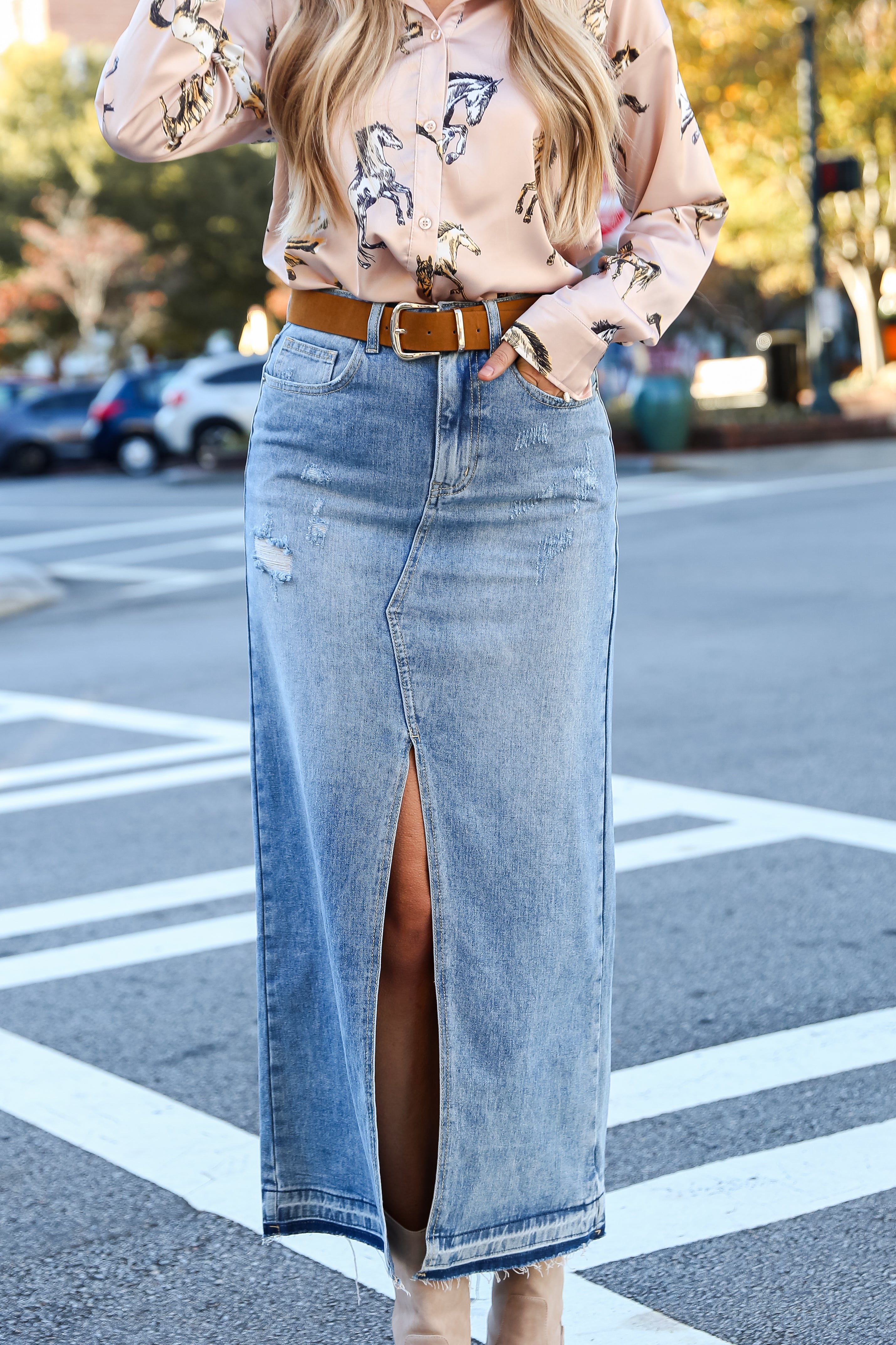 Distressed Denim Maxi Skirt