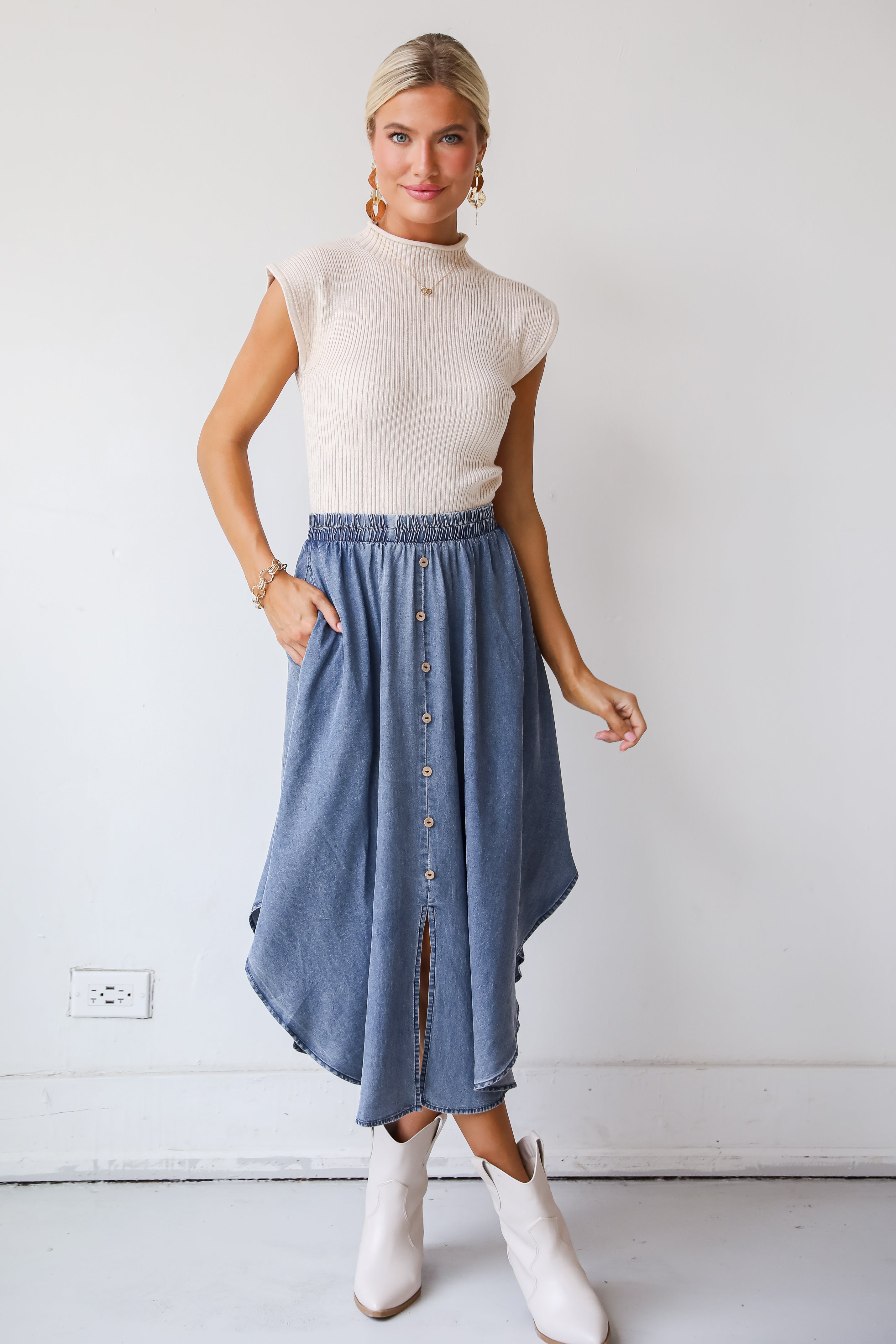 Pleasant Perception Denim Midi Skirt