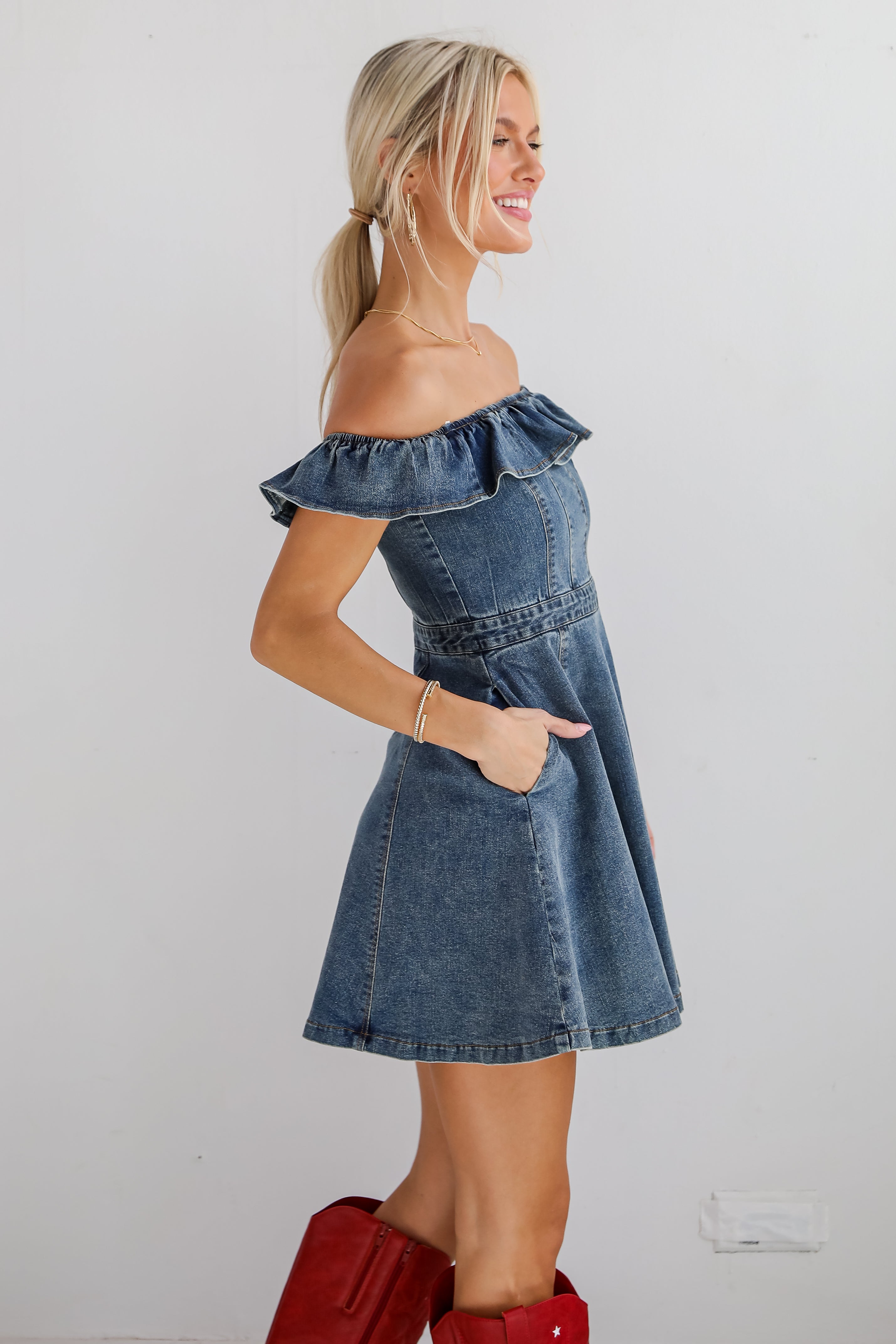 Confidently Coveted Denim Off-The-Shoulder Mini Dress