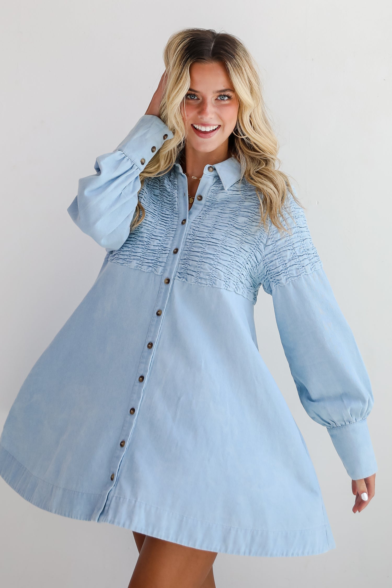 Trendy Aura Light Wash Denim Mini Dress